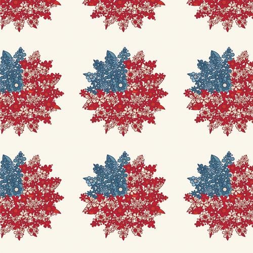 Bloomin' Americana - Red Blue Floral US Flags on Cream Fabric, Art Gallery Fabrics BAM-47113, Patriotic Cotton Quilt Fabric, AGF Studio