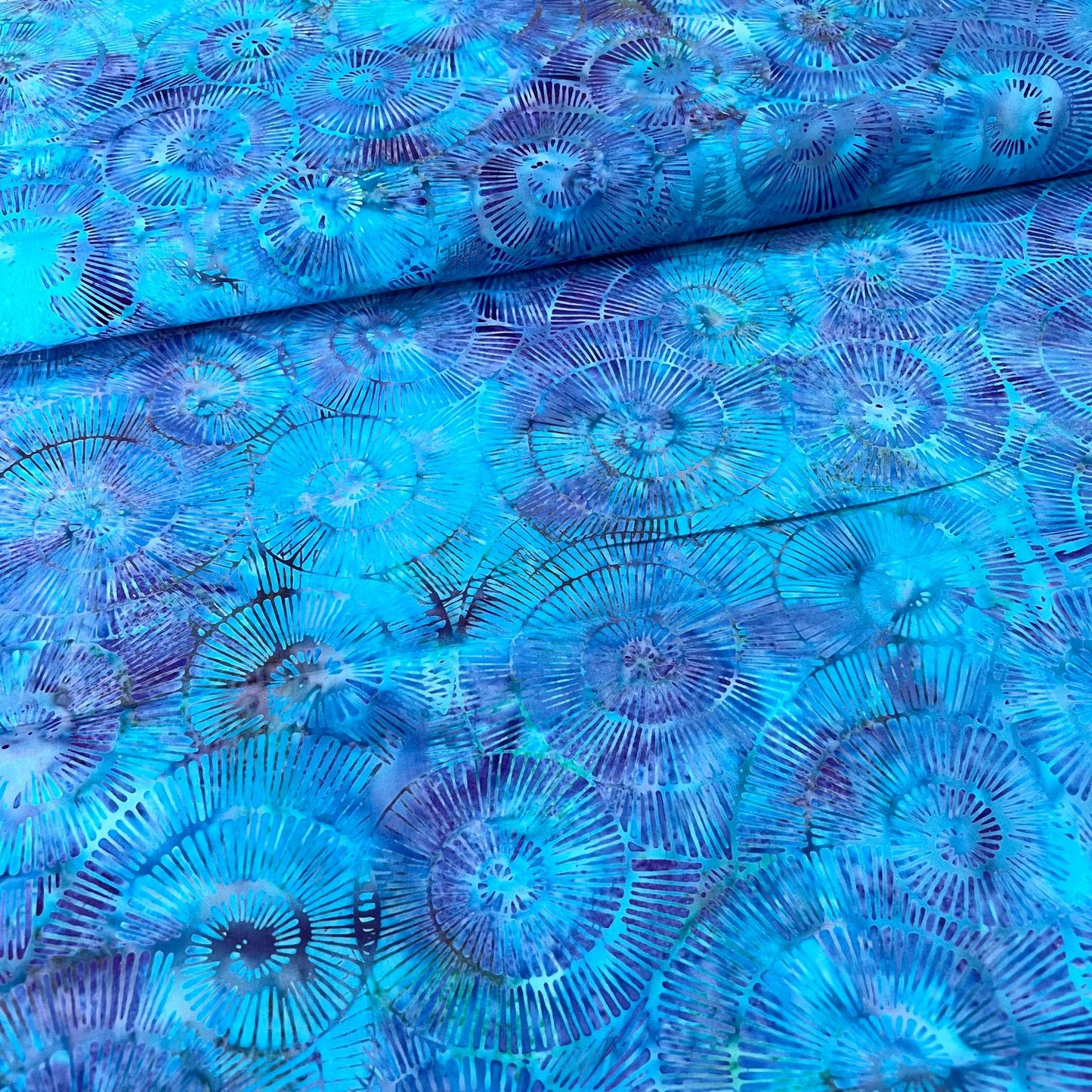 Fossil Finesse - Turquoise Blue Purple Batik Fabric, Island Batik 112518845 Fossil Spiral, Blue Tonal Texture Cotton Fabric, By the Yard