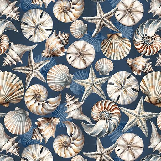 Coastal Escape - Sea Shells on Dark Blue Fabric, Benartex 1502057B, Beach Coastal Seashells Starfish Cotton Quilt Fabric, Nicole DeCamp
