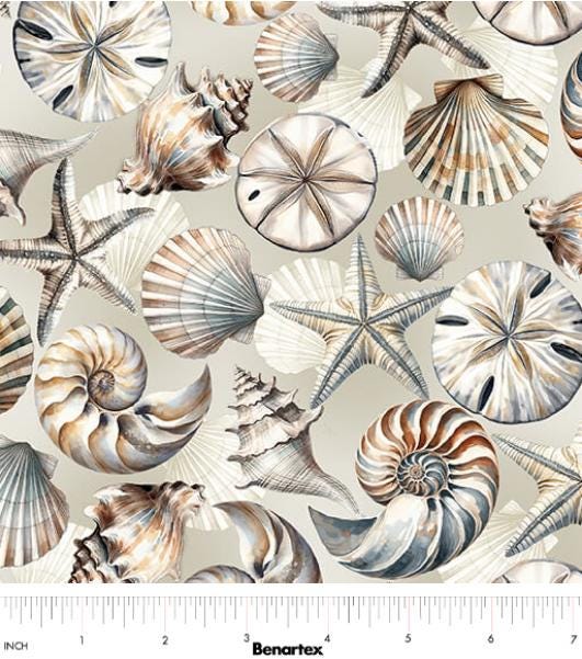 108" Coastal Escape/Seashell Serenade - Shells on Sand Wide Quilt Back Fabric, Benartex 15030W70B Neutral, Quilt Backing Fabric, By the Yard
