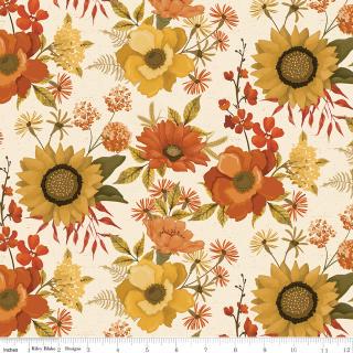 Bountiful - Autumn Fall Flowers on Cream Fabric, Riley Blake C17860-Cream, Fall Sunflowers Floral Cotton Fabric, Sandy Gervais