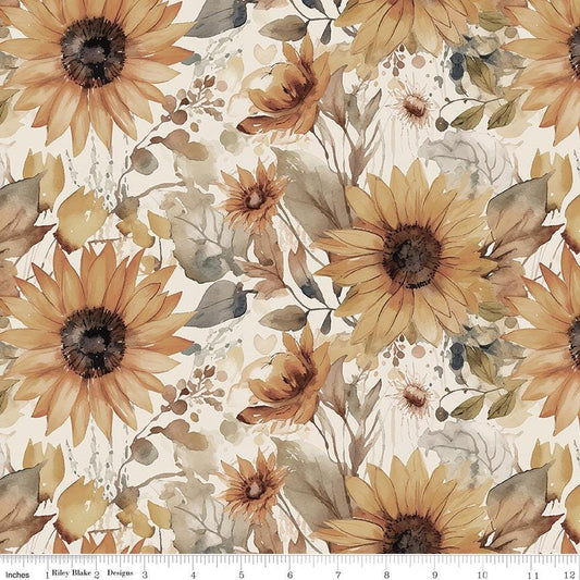 108" Evening on the Prairie - 3 Yard Cut of Sunflowers on Cream Wide Quilt Back Fabric, Riley Blake 3YD-WB16751-CREAM, Floral Wide Backing