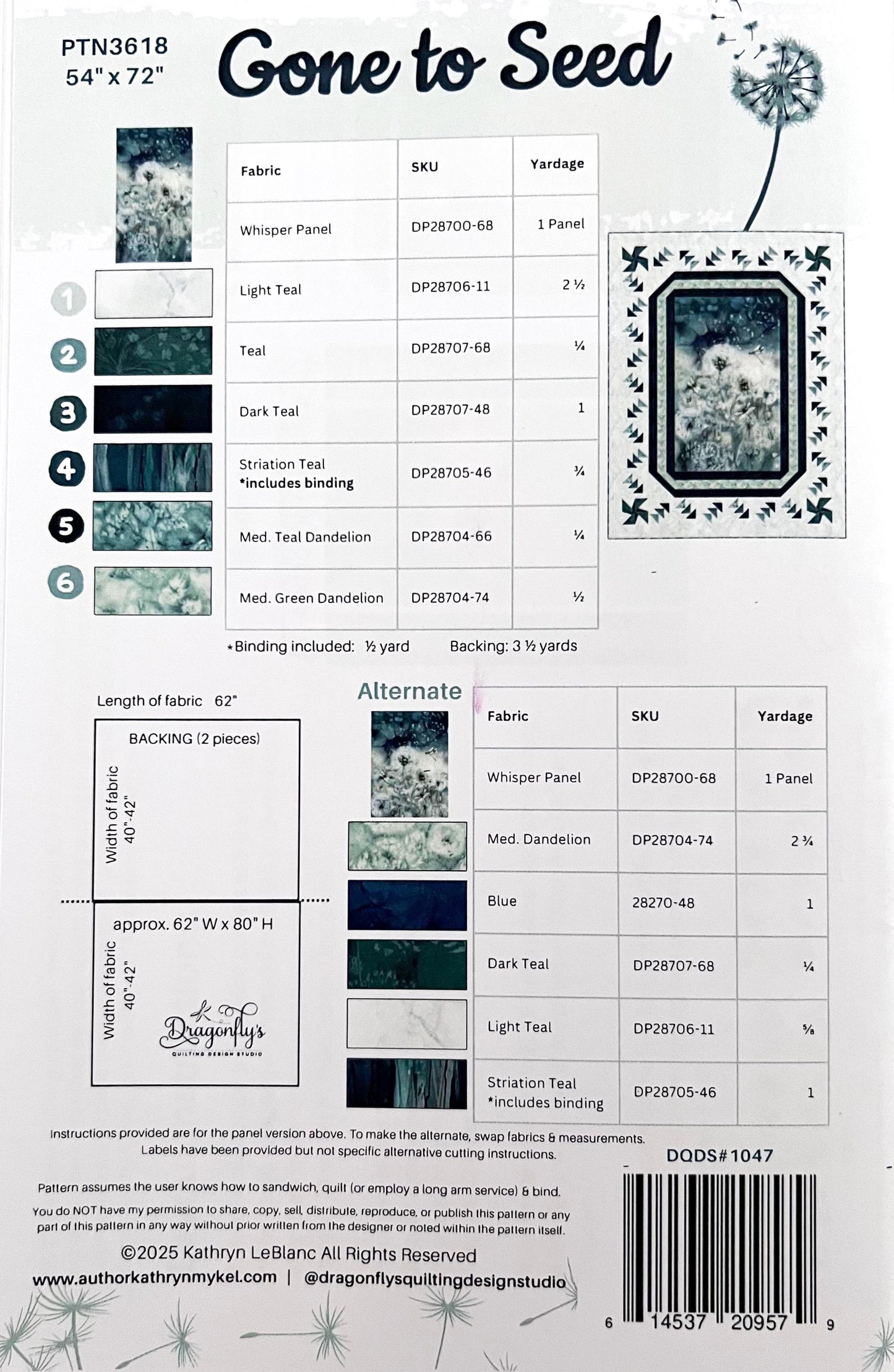 Gone to Seed Panel Frame Quilt PATTERN, Dragonfly's Quilting DQDS1047 PTN3618, Panel Yardage Friendly Panel Frame Lap Throw Quilt Pattern