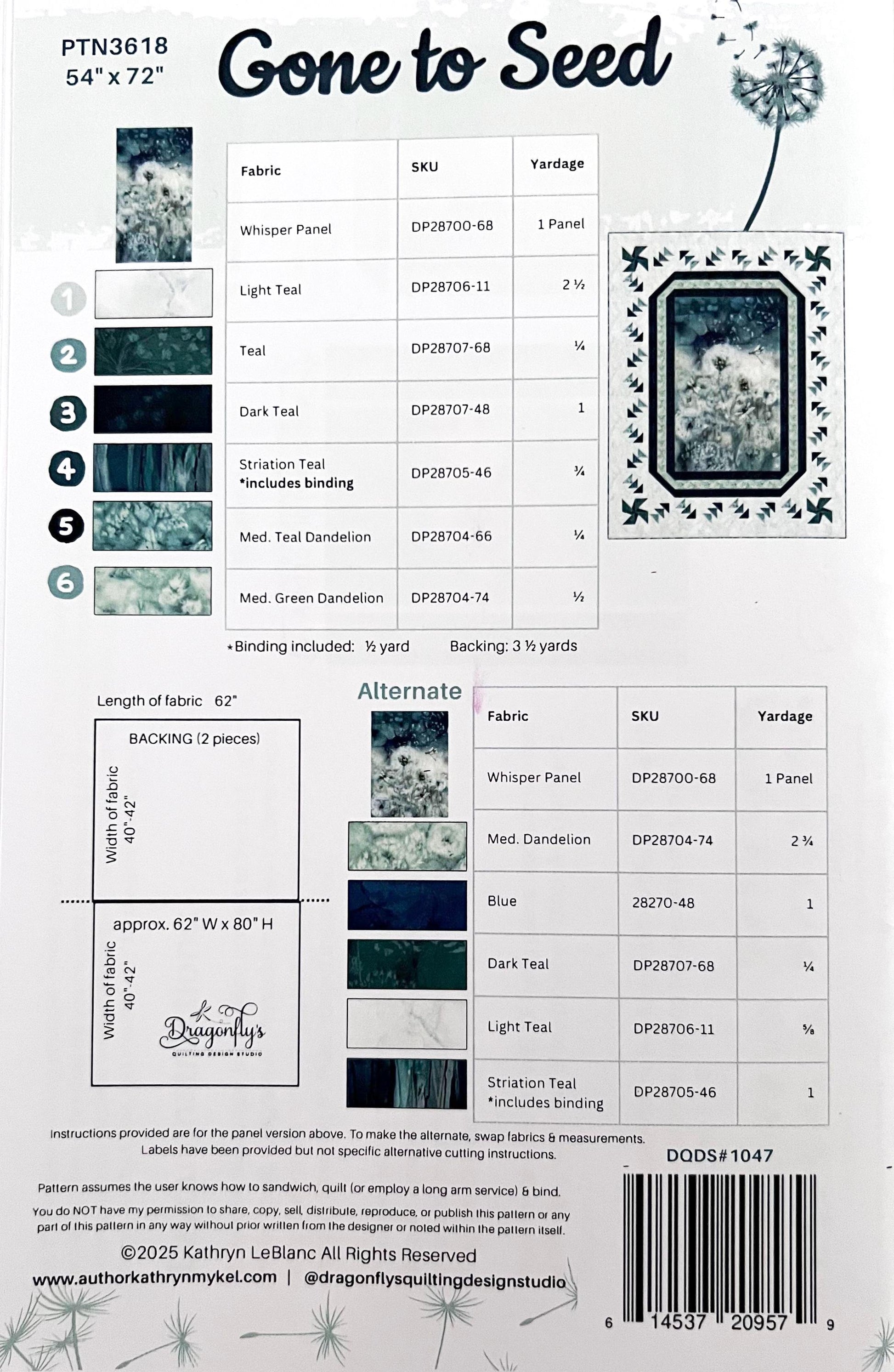 Gone to Seed Panel Frame Quilt PATTERN, Dragonfly's Quilting DQDS1047 PTN3618, Panel Yardage Friendly Panel Frame Lap Throw Quilt Pattern