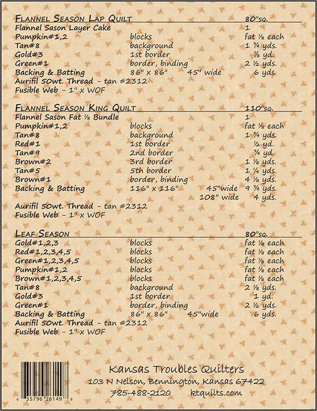 Flannel Season Quilt Pattern, Kansas Troubles KT26149, Layer Cake Fat Eighths F8 Friendly Autumn Fall Leaves Pumpkin Lap Bed Quilt Pattern
