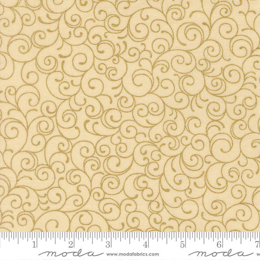 Merry Manor - Metallic Gold Swirl on Cream Christmas Fabric, Moda 33865 11M Cream, Cream Xmas Blender Fabric, By the Yard
