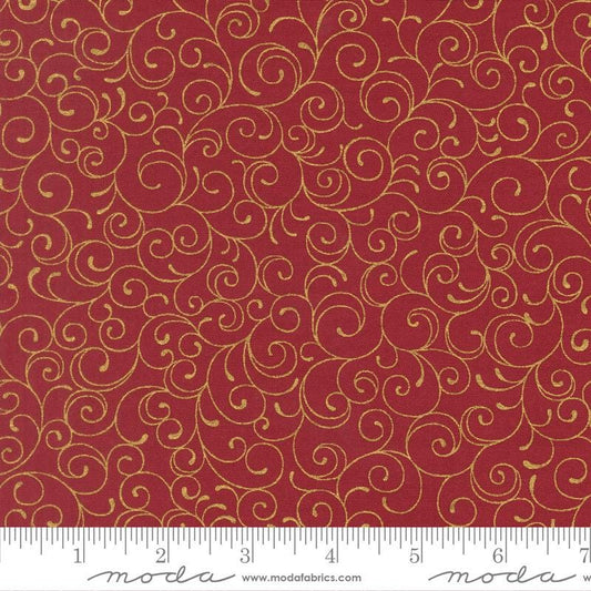 Merry Manor - Metallic Gold Swirl on Red Christmas Fabric, Moda 33865 12M Crimson, Red Xmas Blender Fabric, By the Yard
