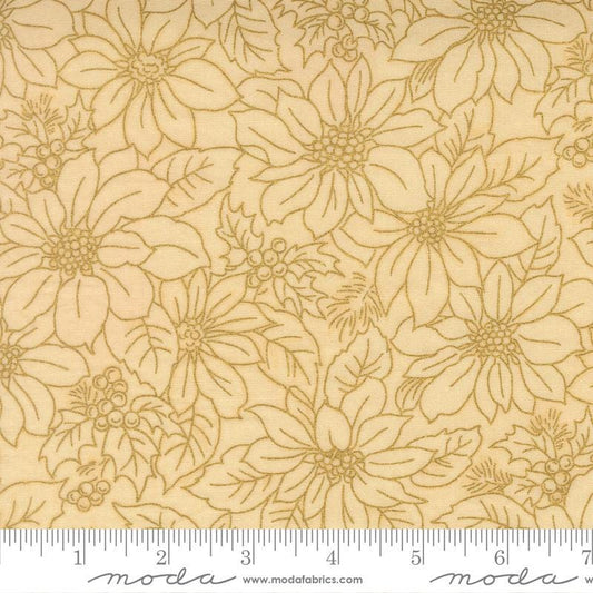 Merry Manor - Metallic Gold Outlined Poinsettias on Cream Christmas Fabric, Moda 33862 11M Cream, Cream Xmas Blender Fabric, By the Yard