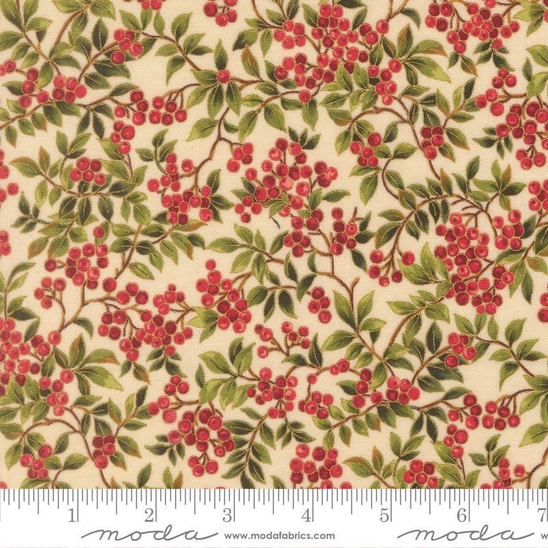 Merry Manor - Red Holly Berries Branches on Cream Fabric, Moda 33864 11M Cream, Red Cream Xmas Holly Berry Fabric, By the Yard