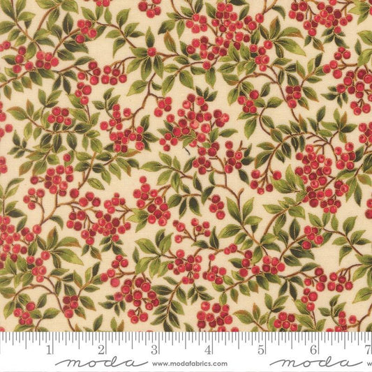 Merry Manor - Red Holly Berries Branches on Cream Fabric, Moda 33864 11M Cream, Red Cream Xmas Holly Berry Fabric, By the Yard