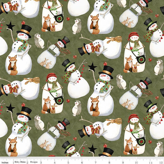 Northern Christmas- Christmas Snowmen on Green Fabric, Riley Blake C17831-Green, Snowman Fox Hedgehog Xmas Fabric, Teresa Kogut, By the Yard