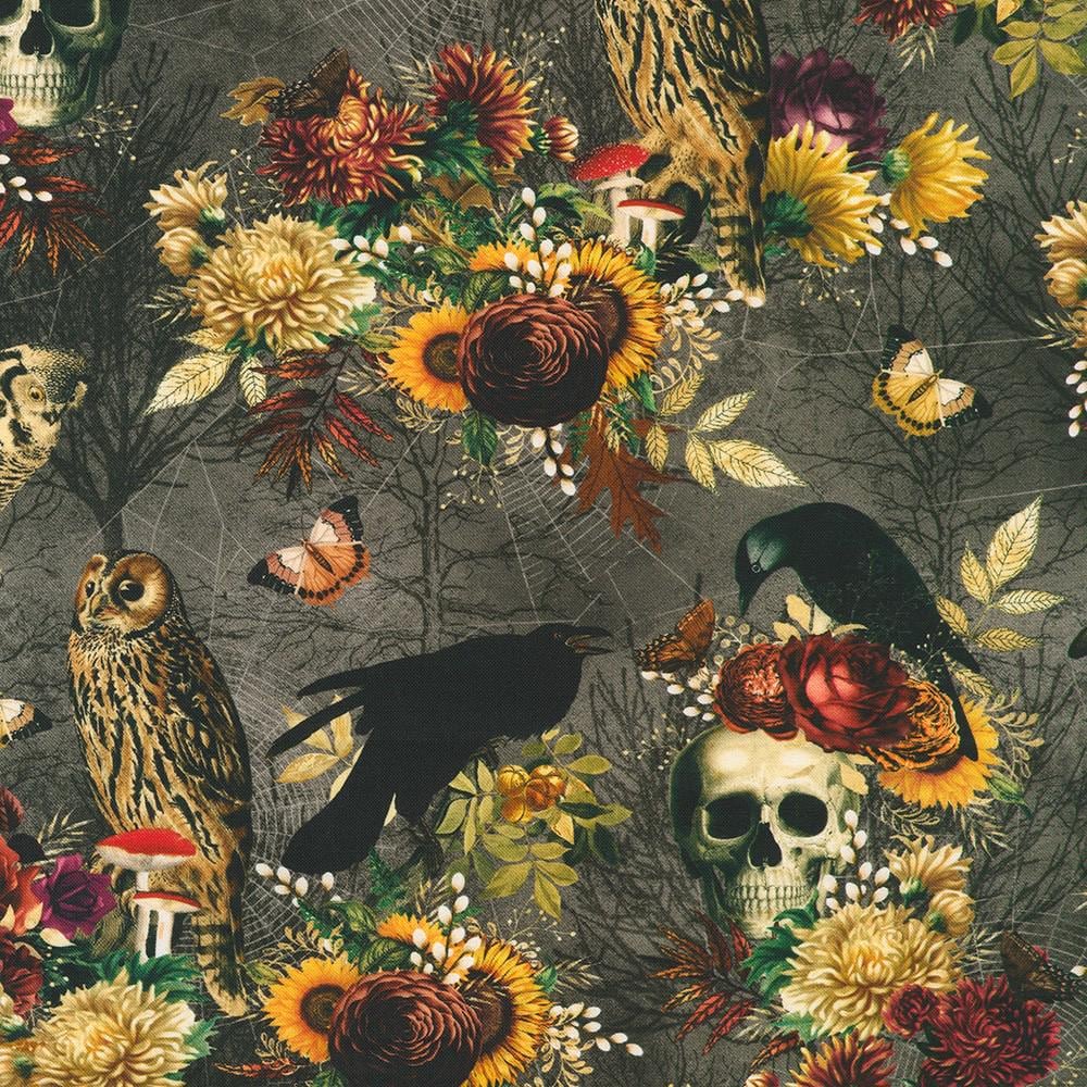 Ravenwood 5" Halloween Charm Squares, Robert Kaufman CHS-1394-42, 5" Precut Halloween Crows Skulls Floral Fabric Squares