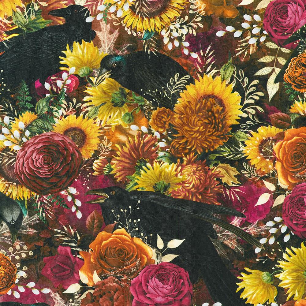 Ravenwood 5" Halloween Charm Squares, Robert Kaufman CHS-1394-42, 5" Precut Halloween Crows Skulls Floral Fabric Squares