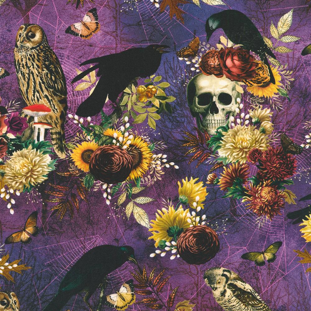Ravenwood 5" Halloween Charm Squares, Robert Kaufman CHS-1394-42, 5" Precut Halloween Crows Skulls Floral Fabric Squares