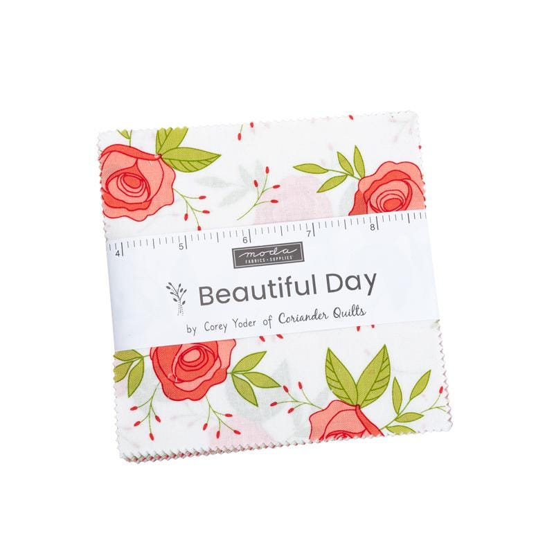 Beautiful Day Charm Pack OOP, Moda 29130PP, 5" Precut Red Pink Green Gray Floral Fabric Squares, Corey Yoder