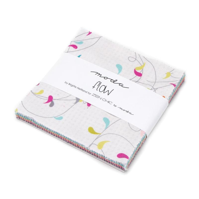 Flow Charm Pack OOP, Moda 1590PP, 5" Precut Modern Contemporary Pink Green Gray Blue Orange Geometric Charm Pack Fabric Squares, Zen Chic