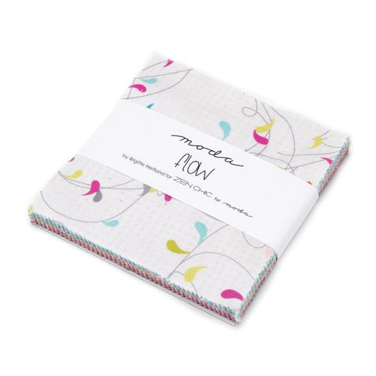 Flow Charm Pack OOP, Moda 1590PP, 5" Precut Modern Contemporary Pink Green Gray Blue Orange Geometric Charm Pack Fabric Squares, Zen Chic