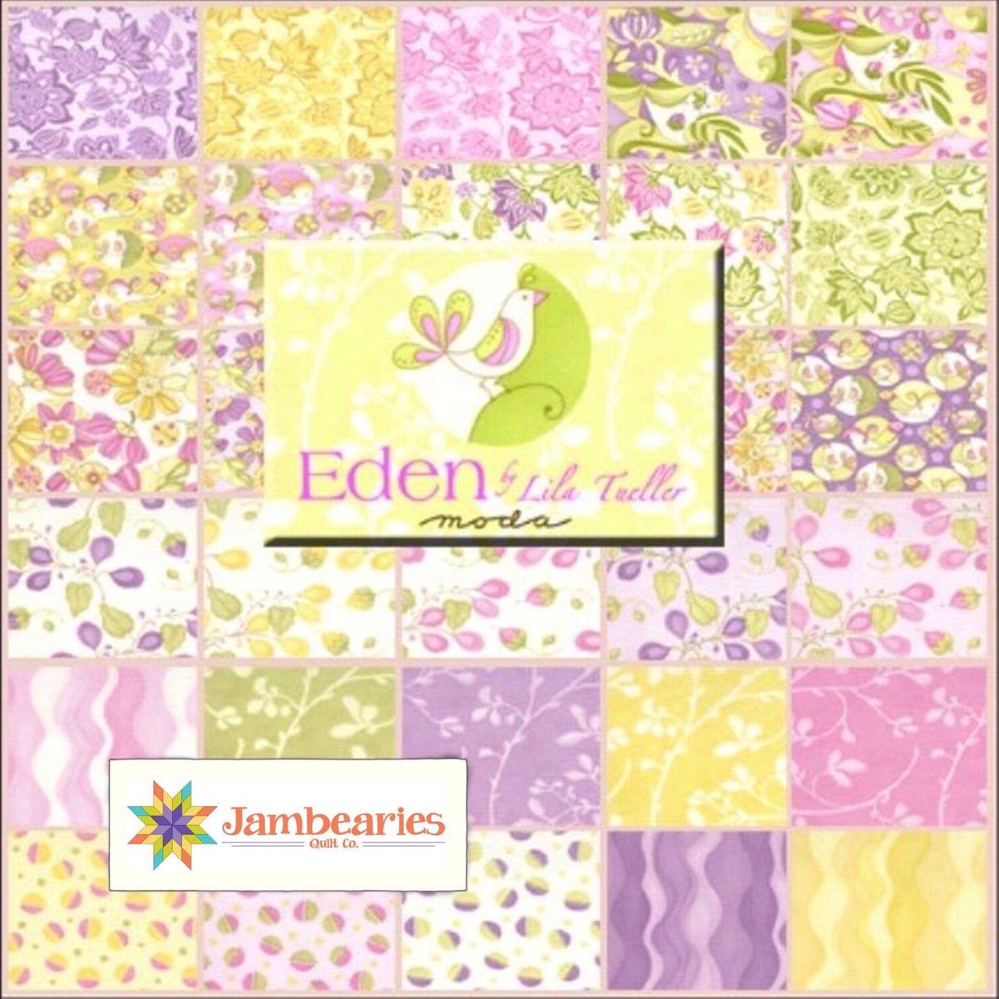 RARE Eden Oop 5" Stacker, Moda 11420PP, 5" Precut Pink Purple Green Yellow Floral Charm Pack Fabric Squares, Lila Tueller