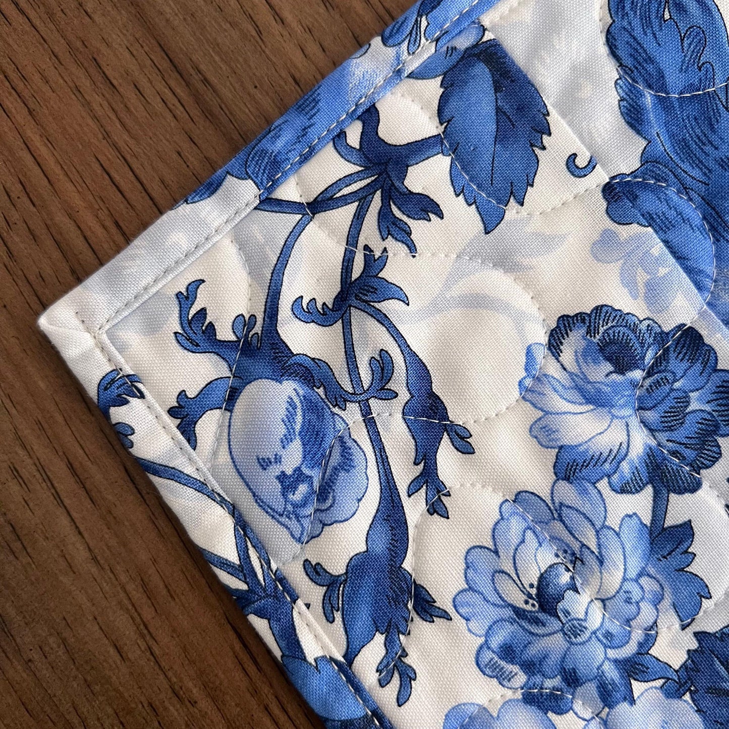 Blue White Floral Twister Quilted Table Topper, 18.25" x 36.25", Handmade Blue Belle Table Topper Quilt