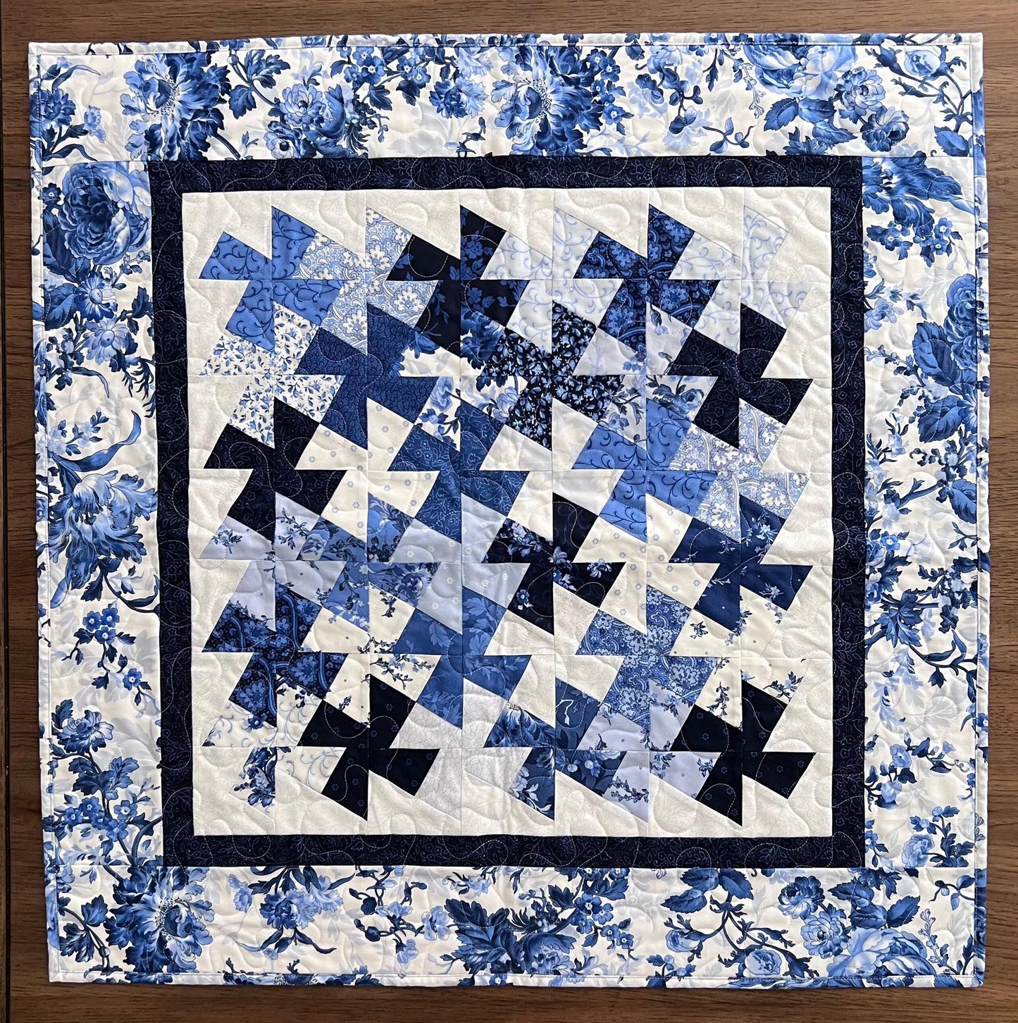 Blue White Floral Twister Quilted Table Topper, 18.25" x 36.25", Handmade Blue Belle Table Topper Quilt