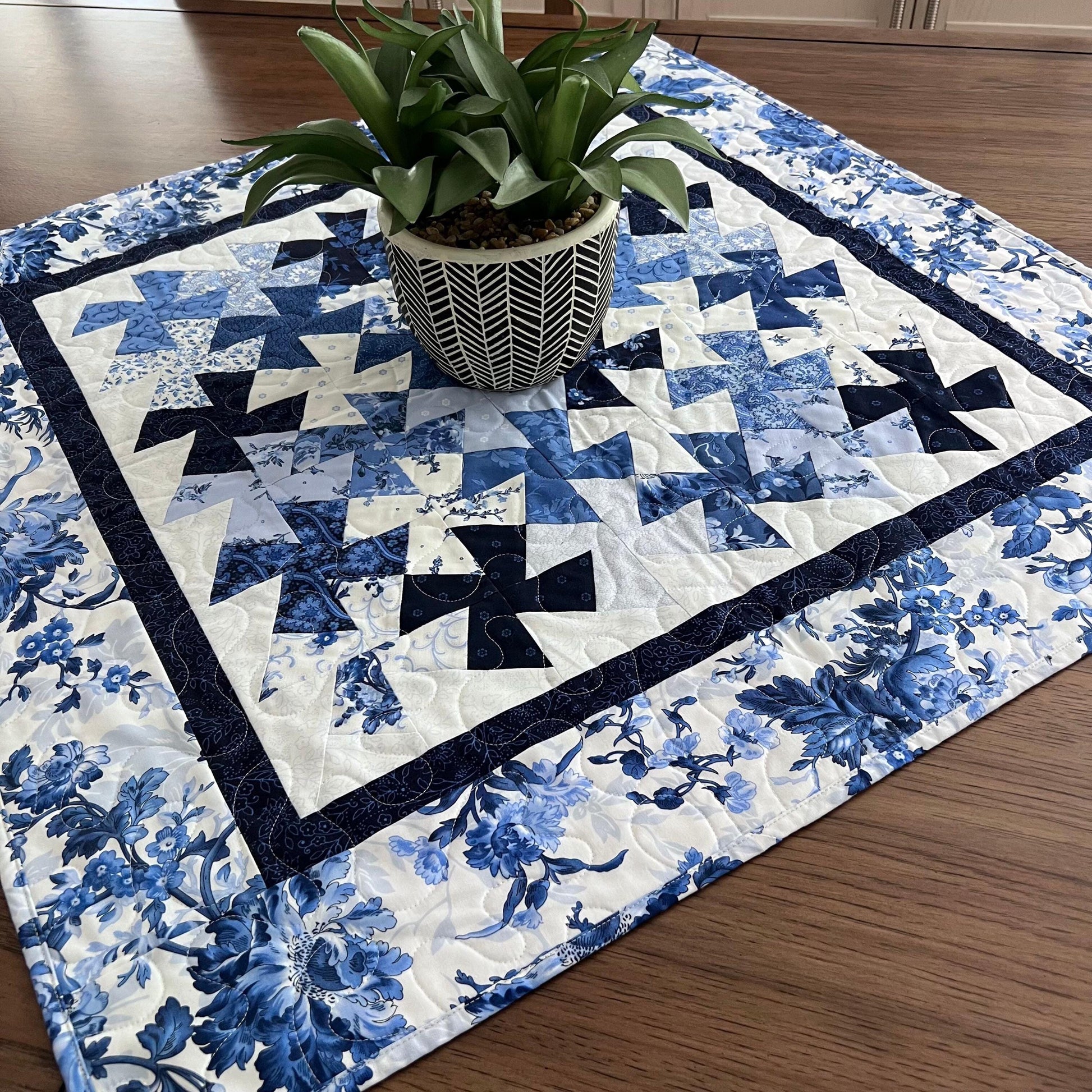 Blue White Floral Twister Quilted Table Topper, 18.25" x 36.25", Handmade Blue Belle Table Topper Quilt