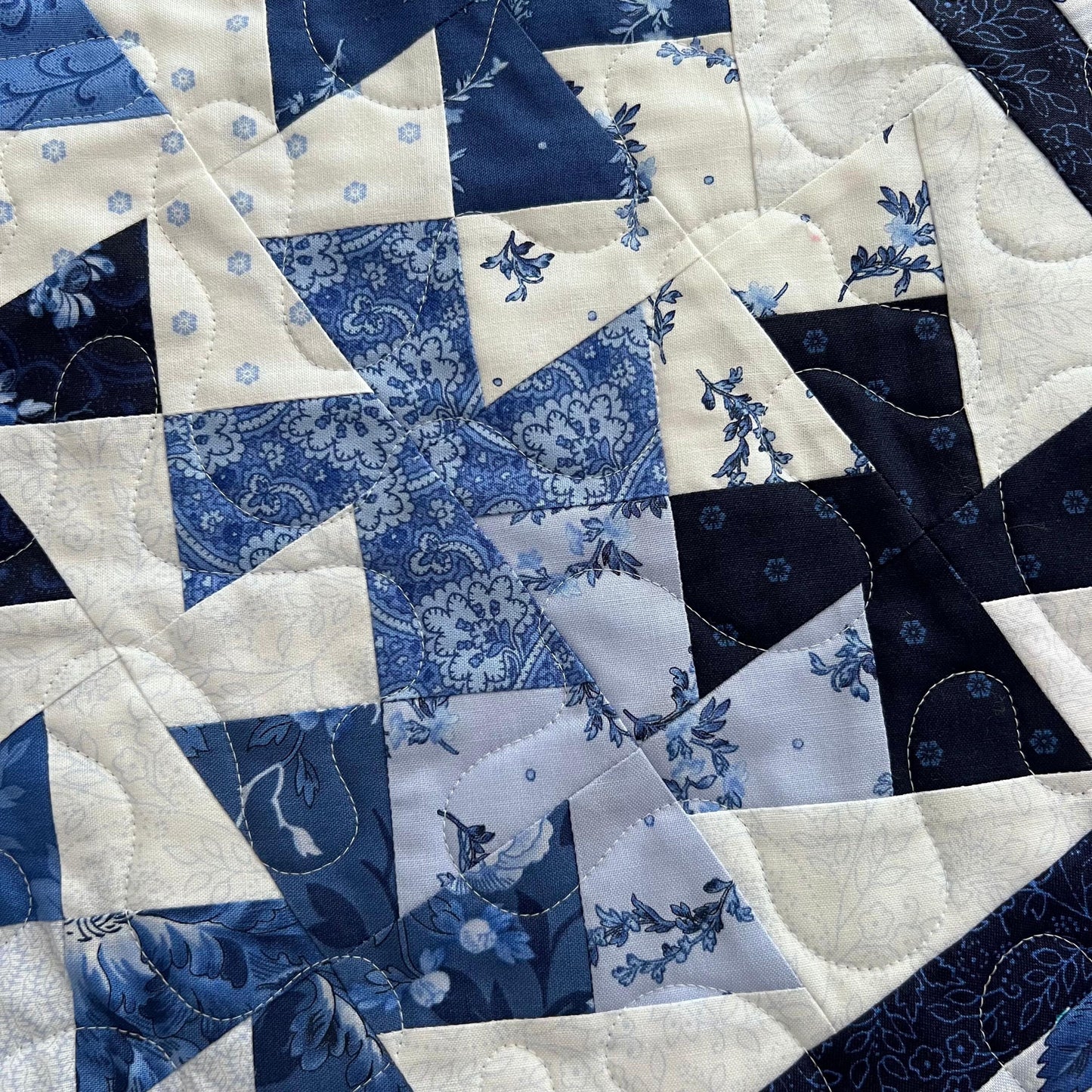 Blue White Floral Twister Quilted Table Topper, 18.25" x 36.25", Handmade Blue Belle Table Topper Quilt