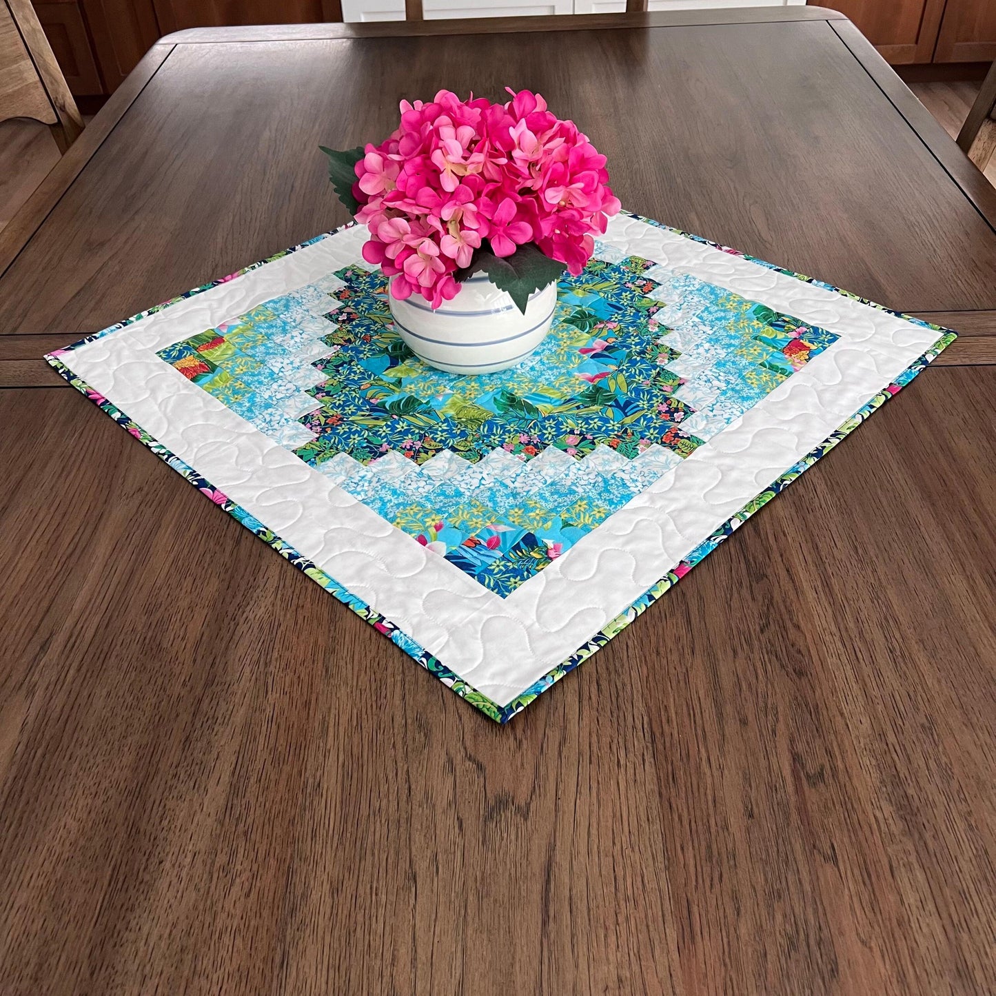 Tropical Trip Around the World Quilted Table Topper, 24.25" x 24.5", Handmade Blue Green Pink White Tropical Parrot Table Topper Quilt