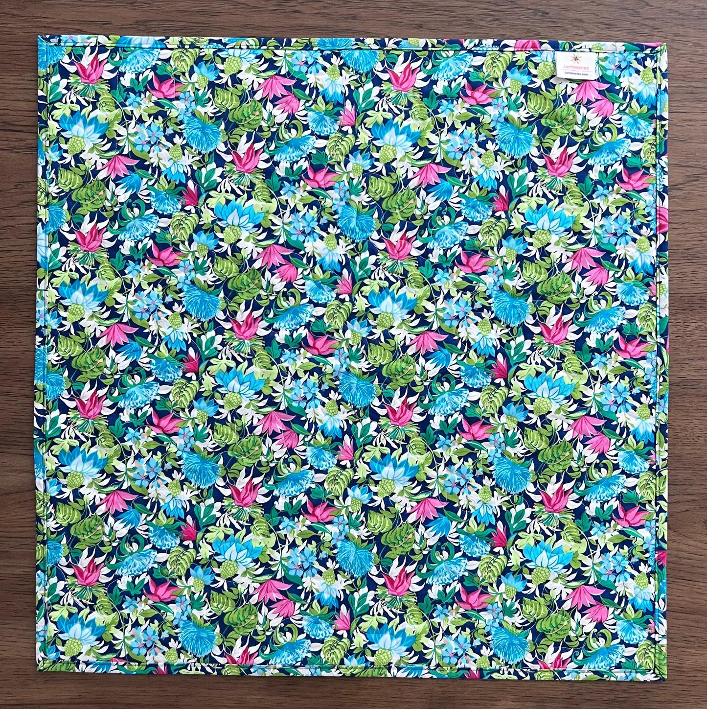 Tropical Trip Around the World Quilted Table Topper, 24.25" x 24.5", Handmade Blue Green Pink White Tropical Parrot Table Topper Quilt