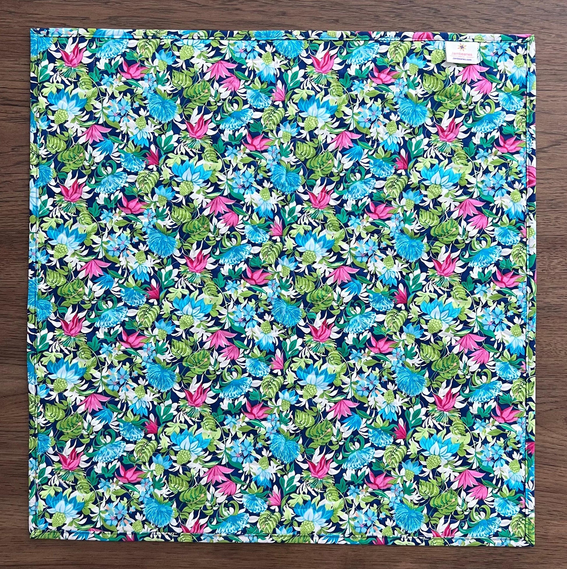 Tropical Trip Around the World Quilted Table Topper, 24.25" x 24.5", Handmade Blue Green Pink White Tropical Parrot Table Topper Quilt