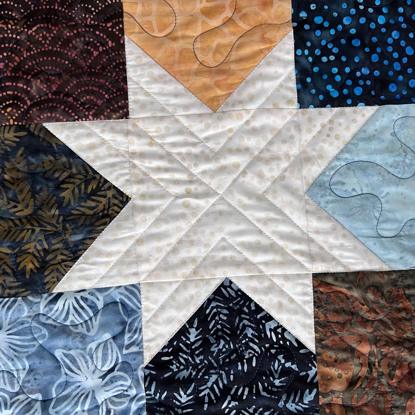Blue Brown Batik Star Quilted Table Topper, 26.5" x 26.75", Handmade Navy Brown Cream Batik Stars Table Topper Quilt