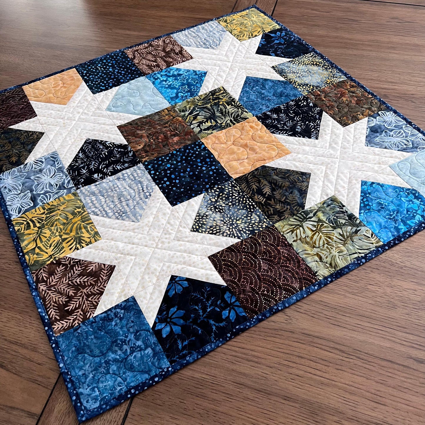 Blue Brown Batik Star Quilted Table Topper, 26.5" x 26.75", Handmade Navy Brown Cream Batik Stars Table Topper Quilt