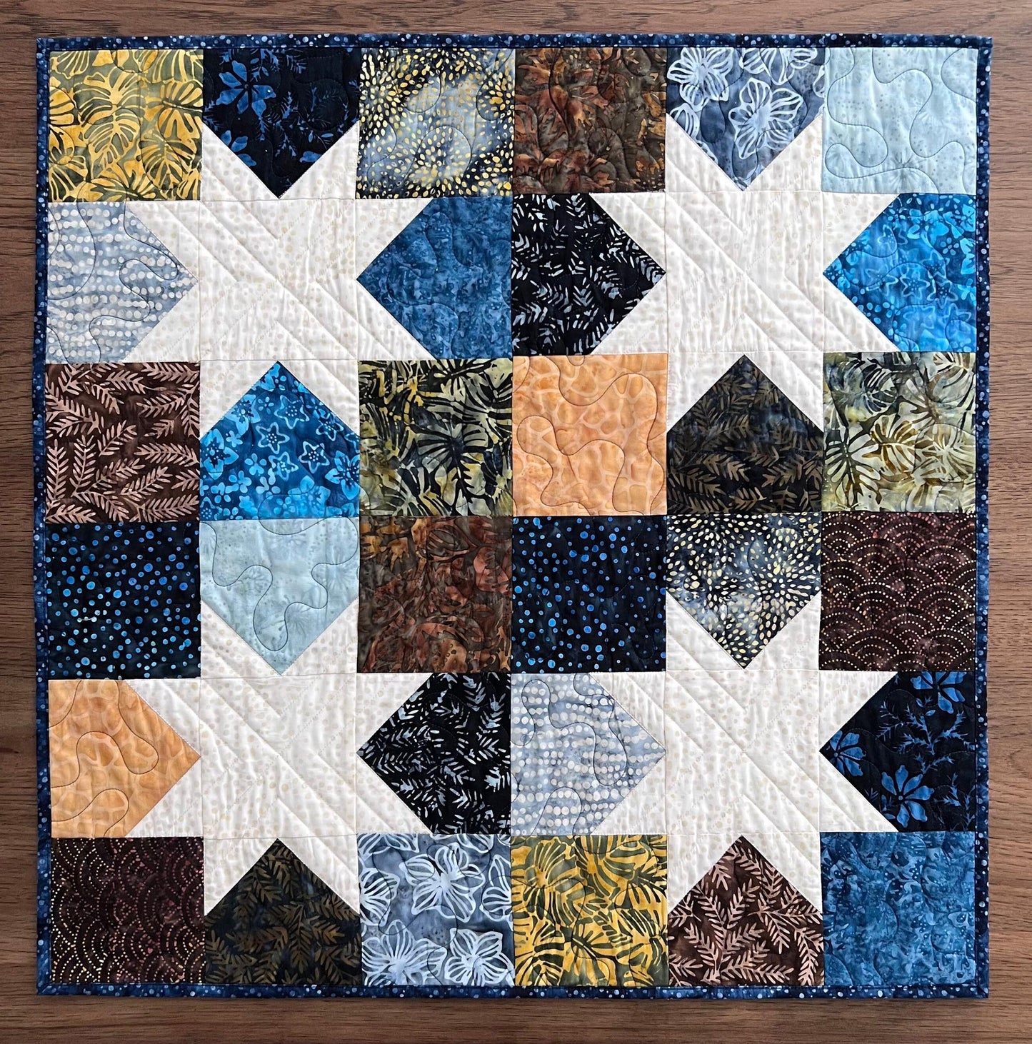 Blue Brown Batik Star Quilted Table Topper, 26.5" x 26.75", Handmade Navy Brown Cream Batik Stars Table Topper Quilt