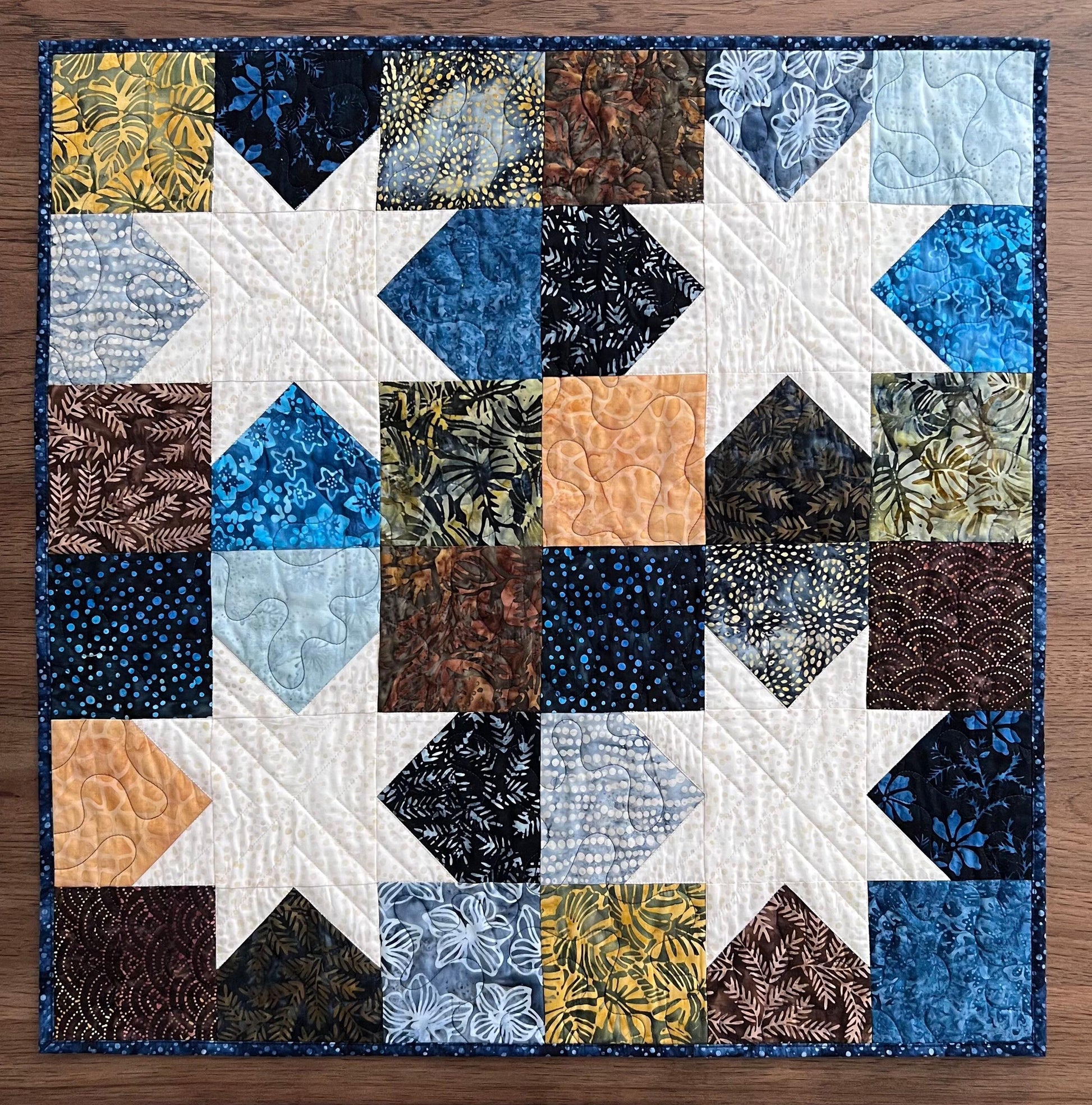Blue Brown Batik Star Quilted Table Topper, 26.5" x 26.75", Handmade Navy Brown Cream Batik Stars Table Topper Quilt