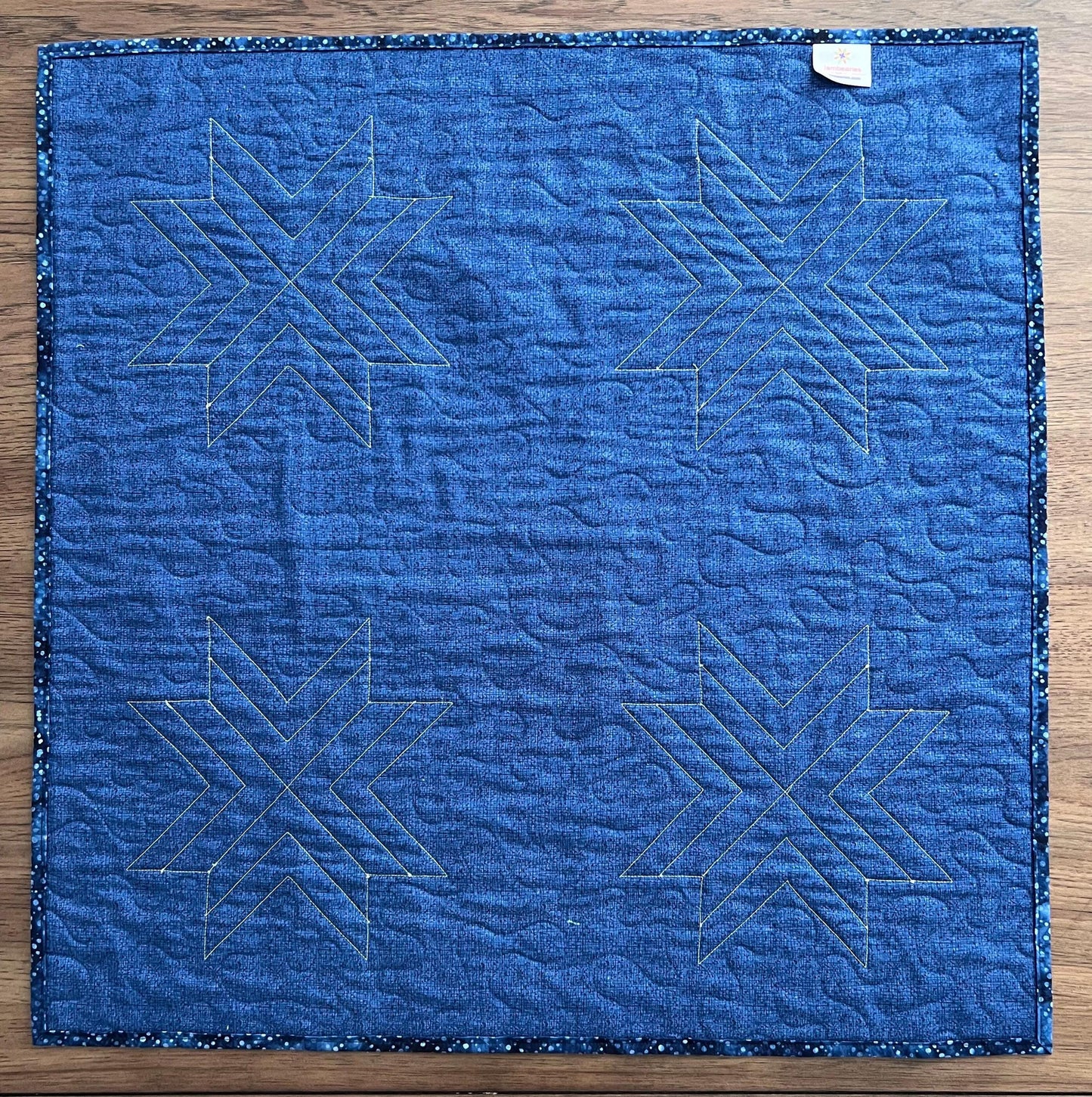 Blue Brown Batik Star Quilted Table Topper, 26.5" x 26.75", Handmade Navy Brown Cream Batik Stars Table Topper Quilt