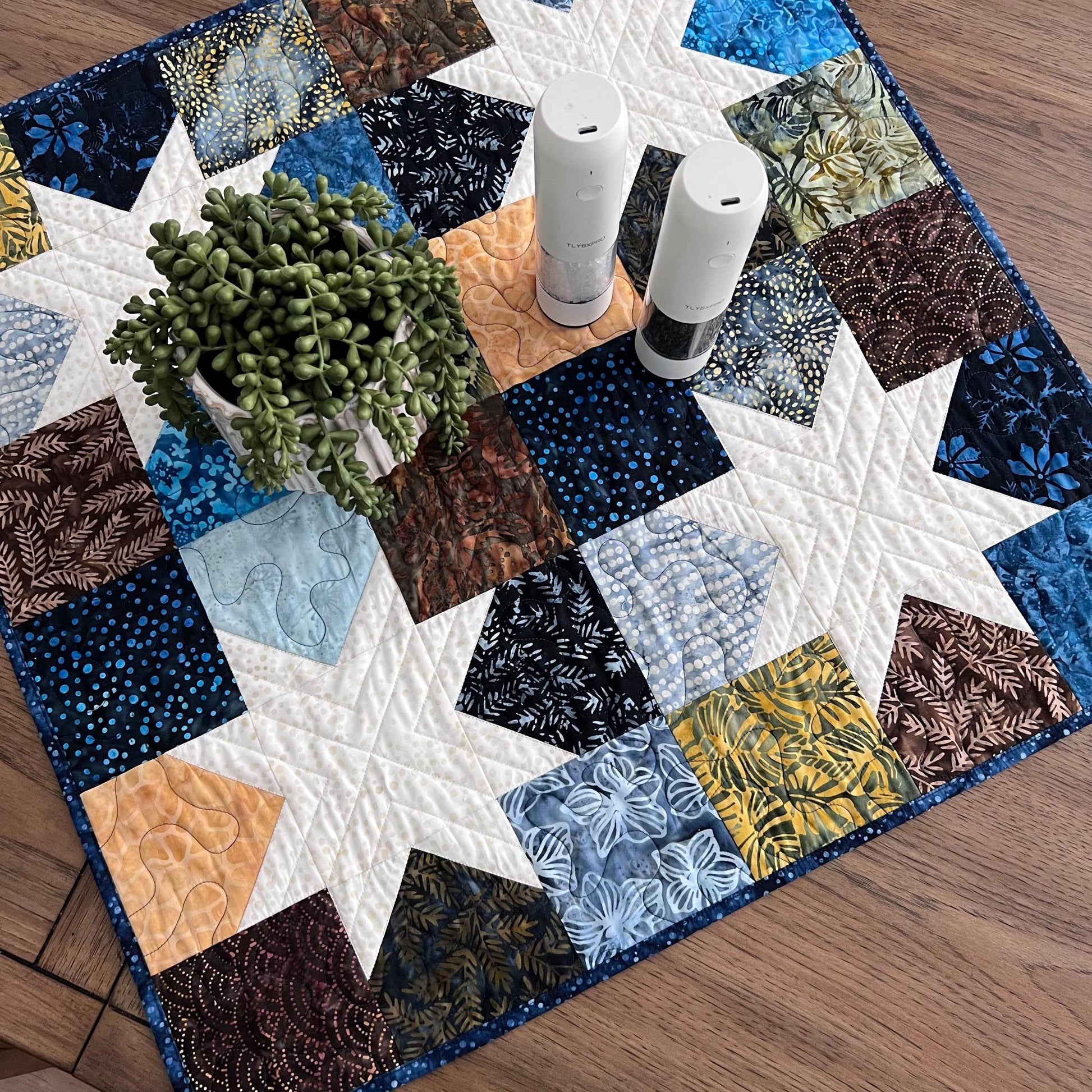 Blue Brown Batik Star Quilted Table Topper, 26.5" x 26.75", Handmade Navy Brown Cream Batik Stars Table Topper Quilt