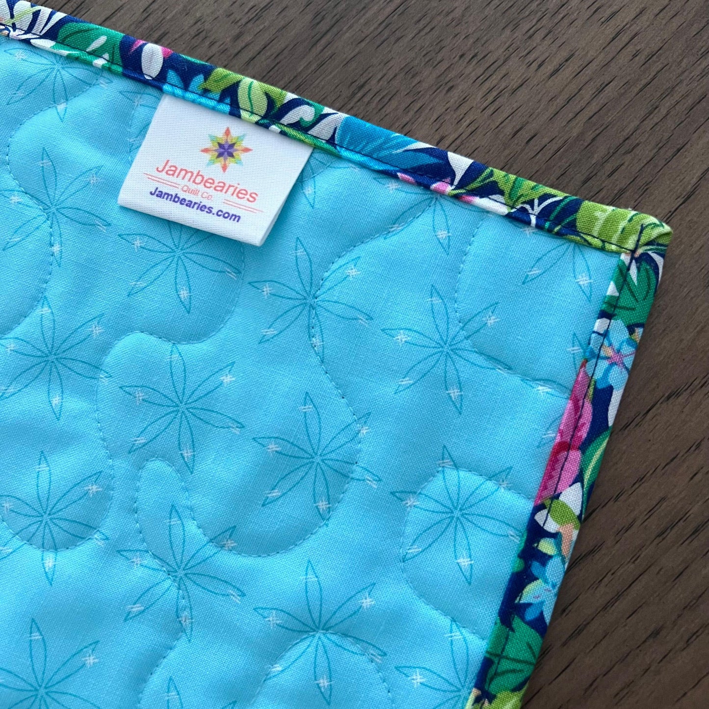 Tropical Trip Around the World Quilted Table Runner, 19" x 39.75", Handmade Blue Green Pink White Tropical Parrot Table Runner Quilt