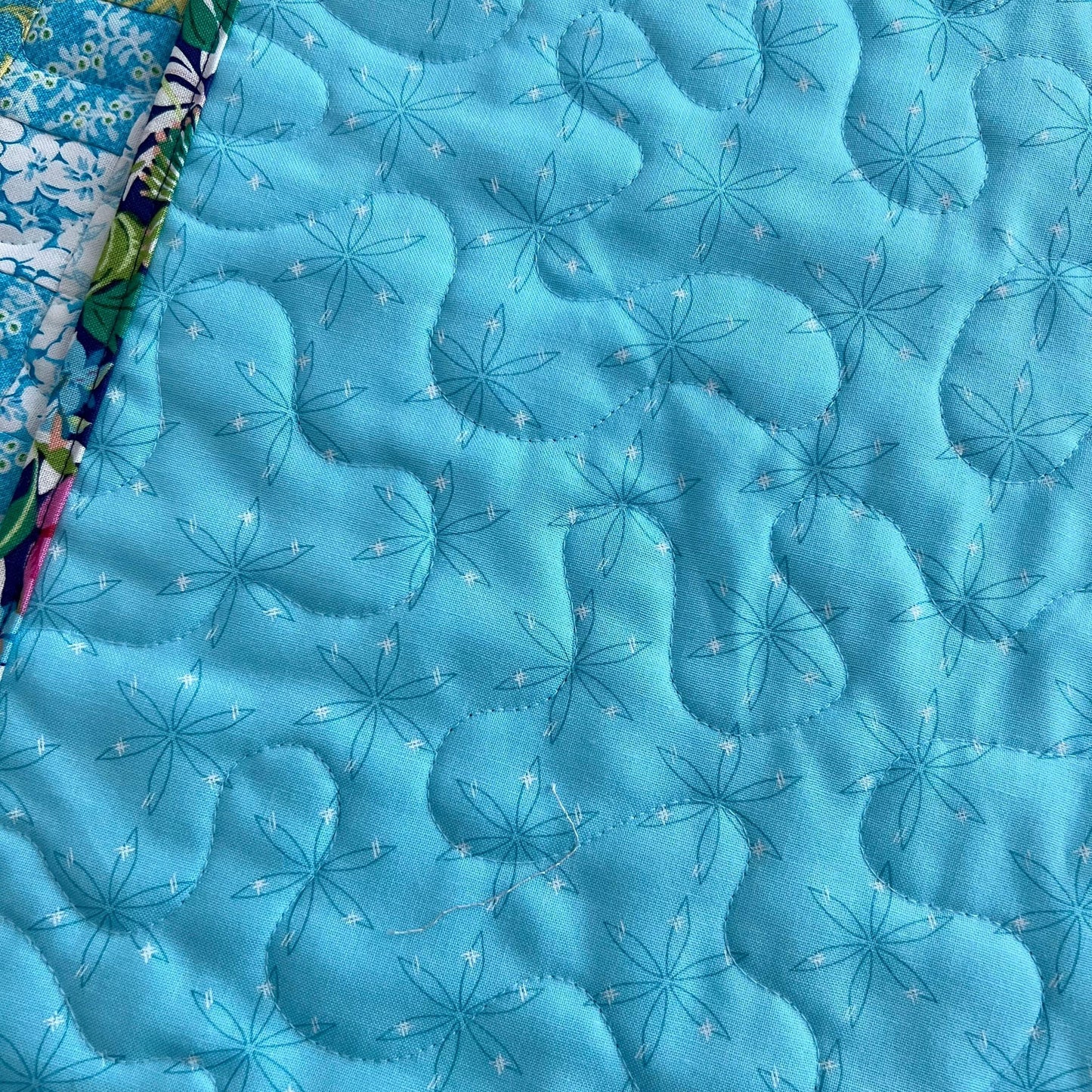 Tropical Trip Around the World Quilted Table Runner, 19" x 39.75", Handmade Blue Green Pink White Tropical Parrot Table Runner Quilt
