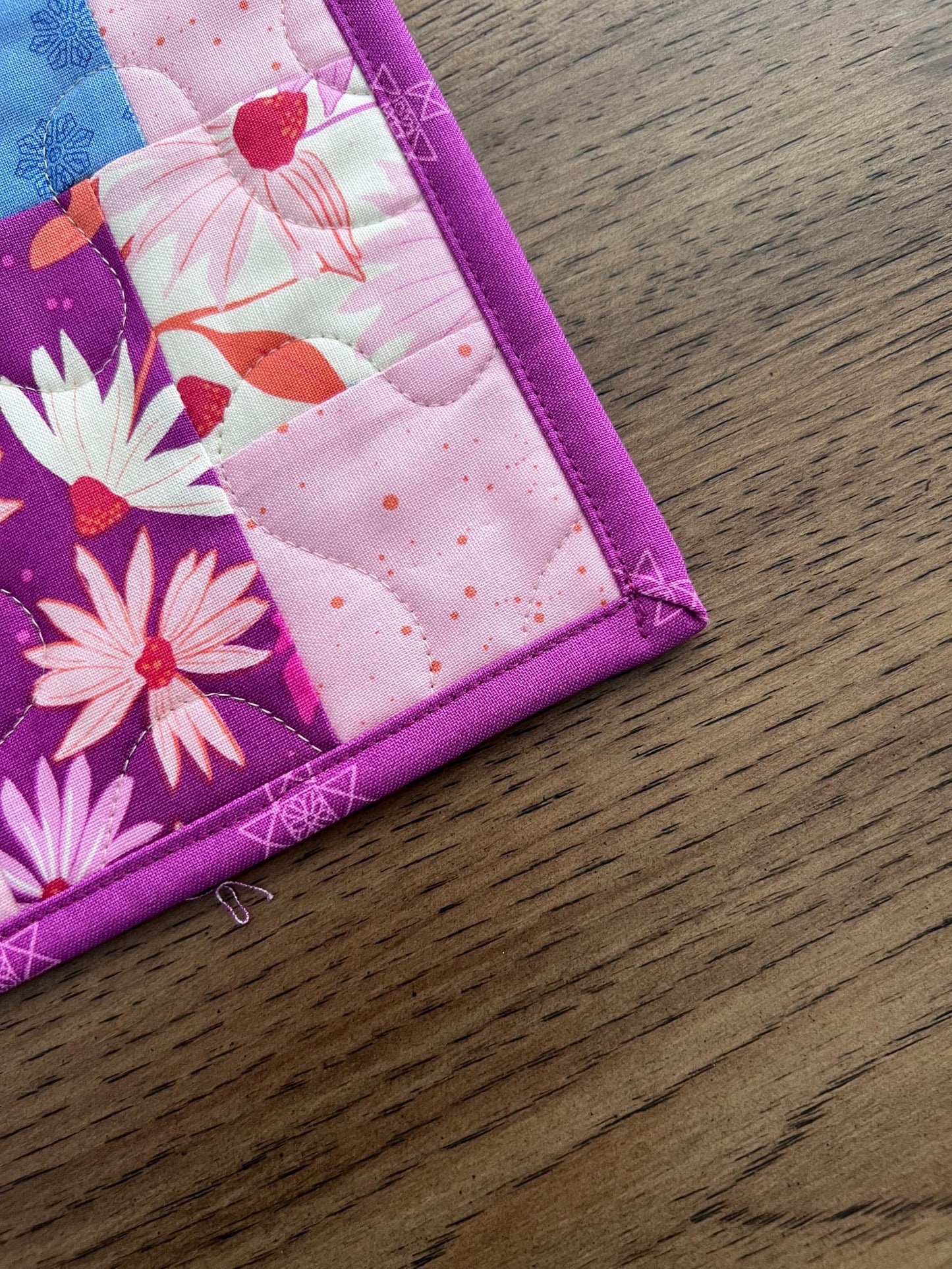 Pink Blue Gold Floral Quilted Table Runner, 19" x 39.75", Handmade Blue Pink Purple Yellow White Patchwork Table Runner Quilt