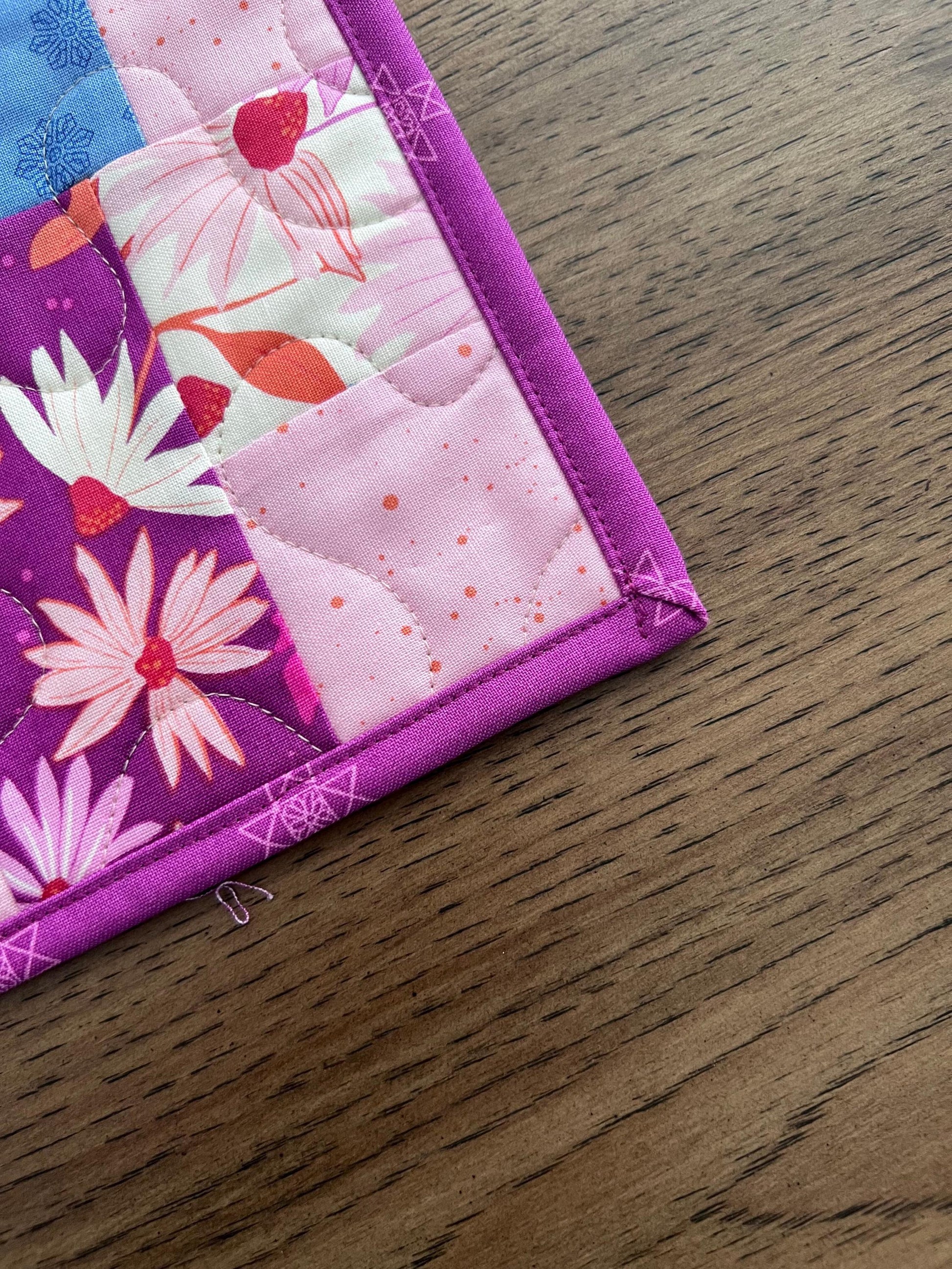 Pink Blue Gold Floral Quilted Table Runner, 19" x 39.75", Handmade Blue Pink Purple Yellow White Patchwork Table Runner Quilt