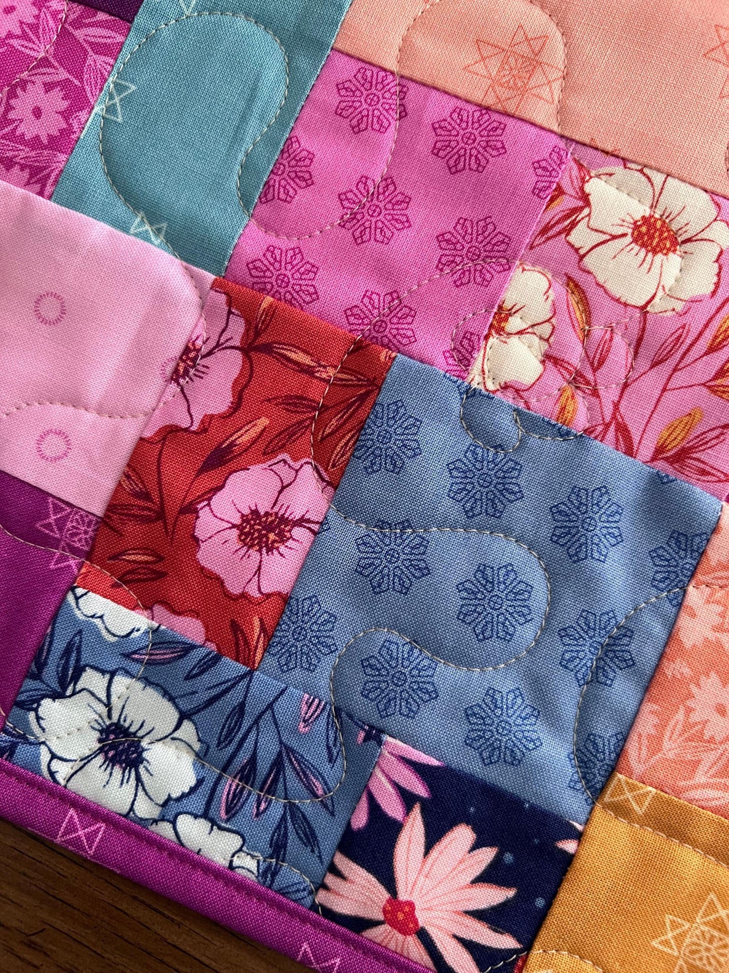 Pink Blue Gold Floral Quilted Table Runner, 19" x 39.75", Handmade Blue Pink Purple Yellow White Patchwork Table Runner Quilt