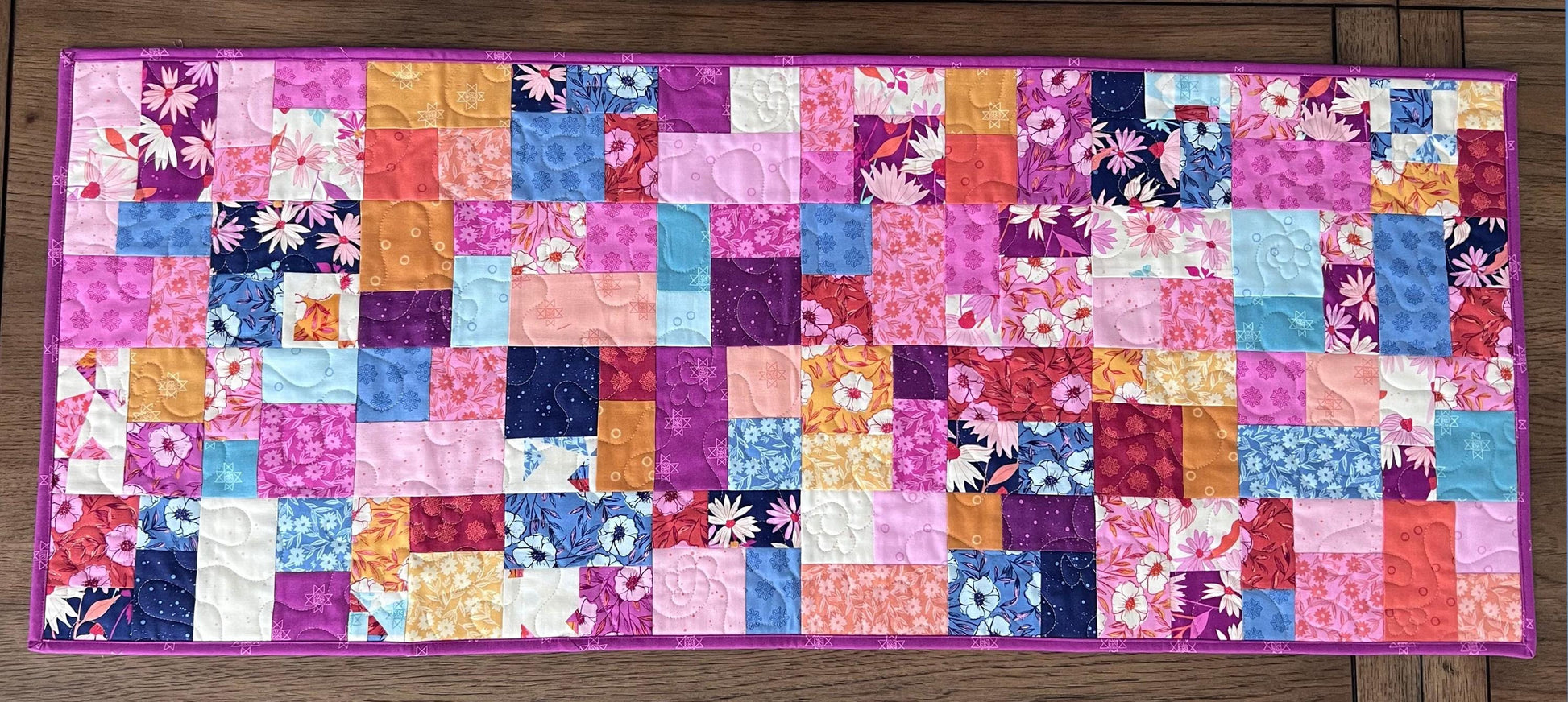 Pink Blue Gold Floral Quilted Table Runner, 19" x 39.75", Handmade Blue Pink Purple Yellow White Patchwork Table Runner Quilt