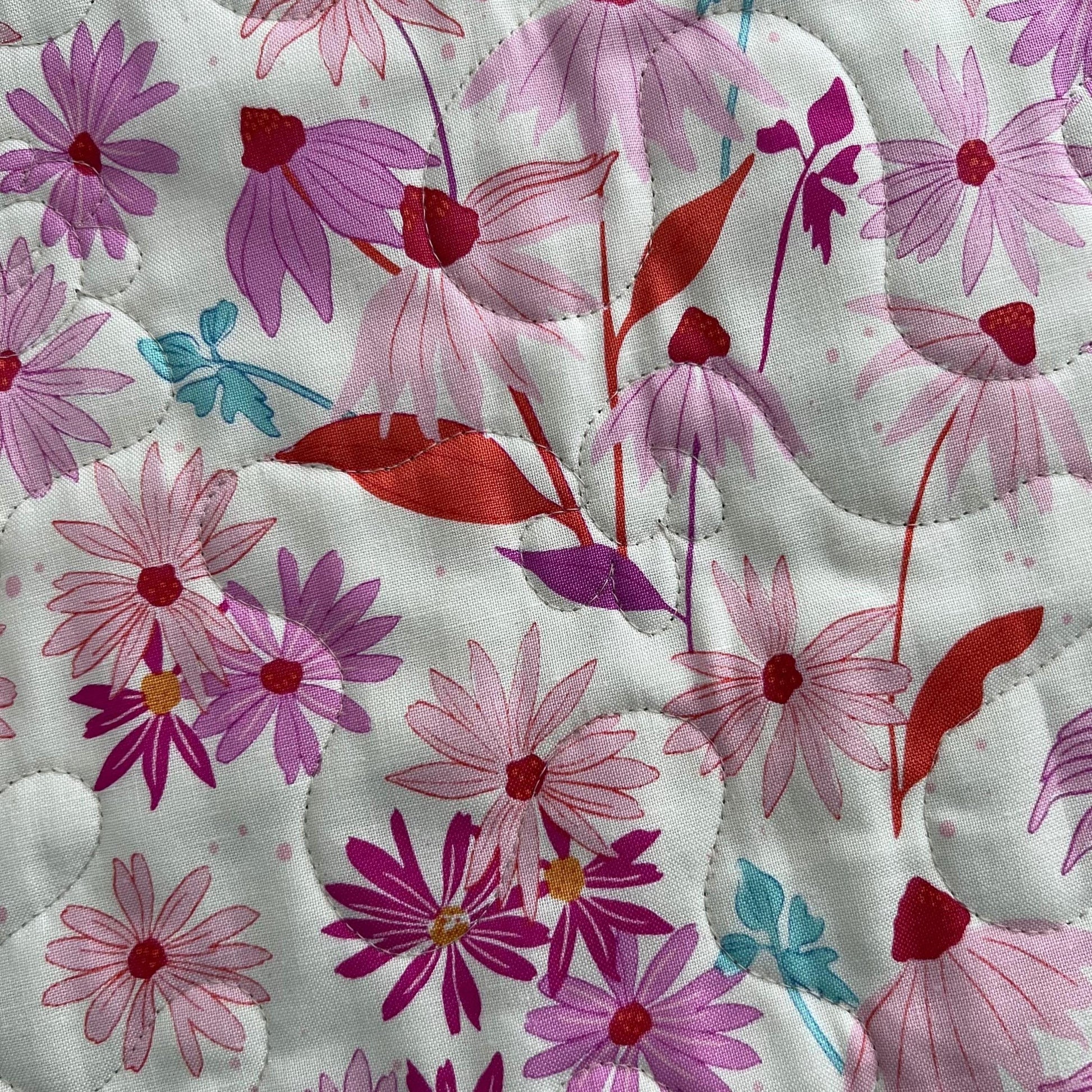 Pink Blue Gold Floral Quilted Table Runner, 19" x 39.75", Handmade Blue Pink Purple Yellow White Patchwork Table Runner Quilt
