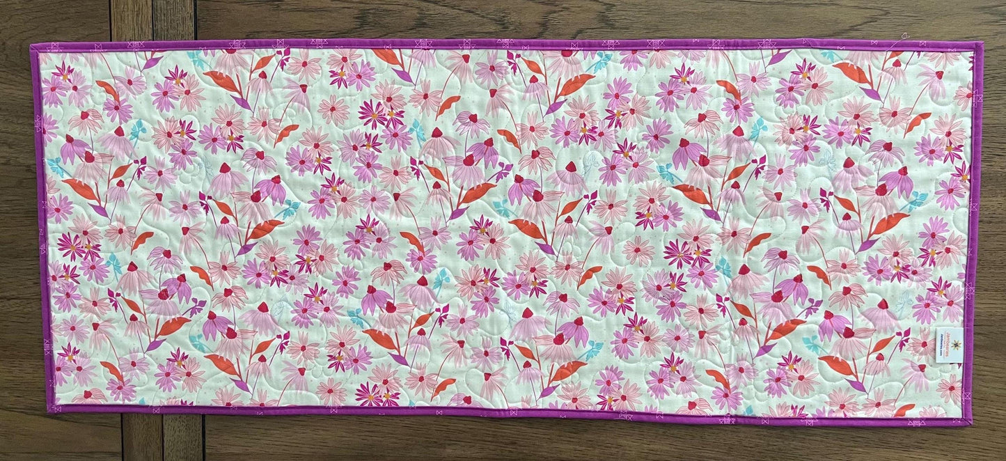 Pink Blue Gold Floral Quilted Table Runner, 19" x 39.75", Handmade Blue Pink Purple Yellow White Patchwork Table Runner Quilt