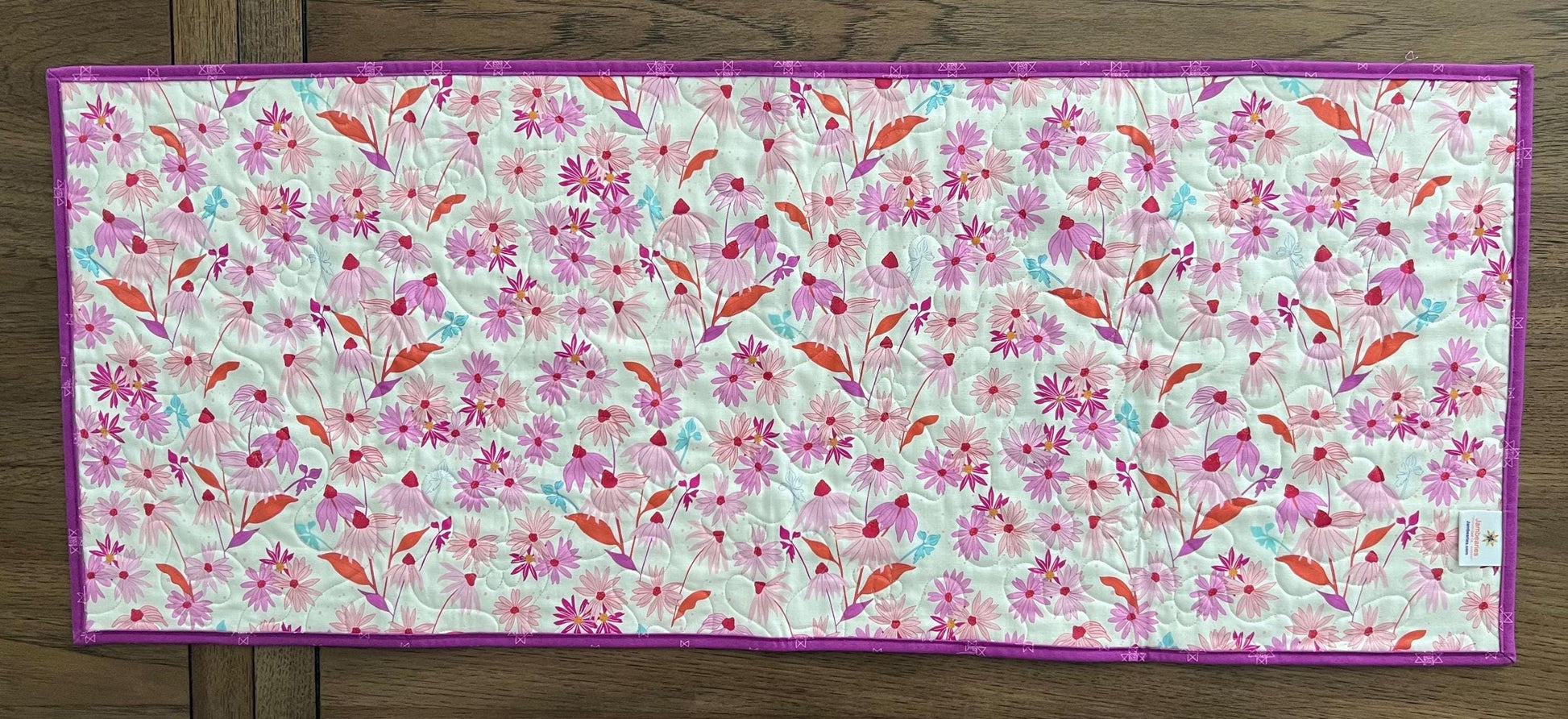 Pink Blue Gold Floral Quilted Table Runner, 19" x 39.75", Handmade Blue Pink Purple Yellow White Patchwork Table Runner Quilt