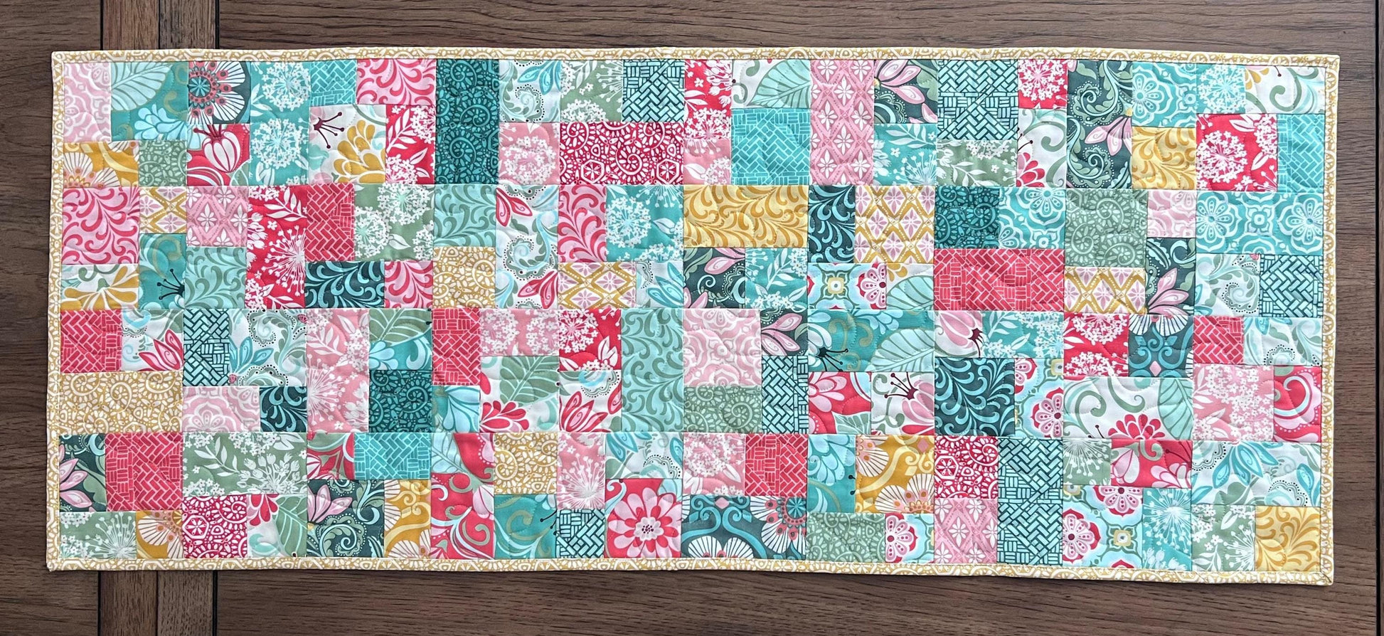 Pink Green Yellow Floral Quilted Table Runner, 16.5" x 40.5", Handmade Blue Pink Gold Green White Patchwork Table Runner Quilt