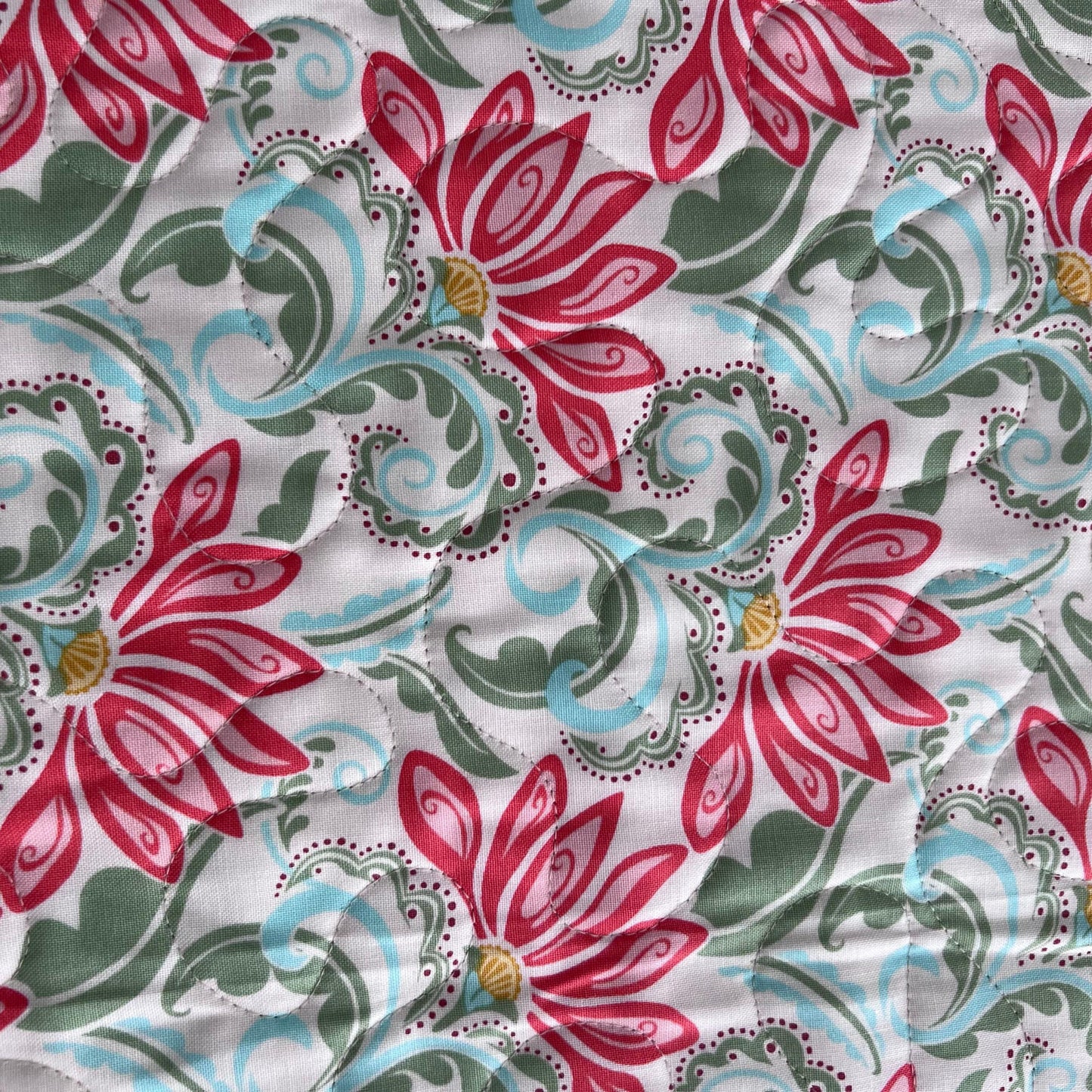 Pink Green Yellow Floral Quilted Table Runner, 16.5" x 40.5", Handmade Blue Pink Gold Green White Patchwork Table Runner Quilt