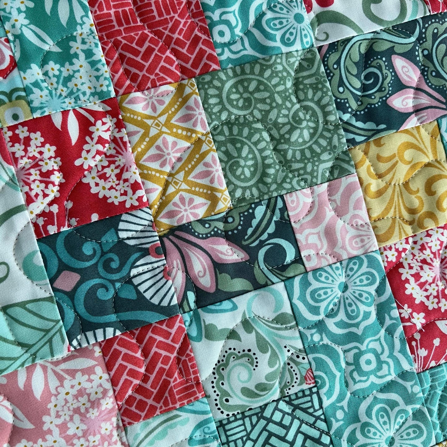 Pink Green Yellow Floral Quilted Table Runner, 16.5" x 40.5", Handmade Blue Pink Gold Green White Patchwork Table Runner Quilt