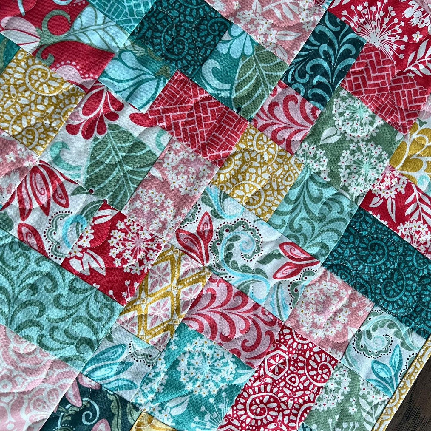 Pink Green Yellow Floral Quilted Table Runner, 16.5" x 40.5", Handmade Blue Pink Gold Green White Patchwork Table Runner Quilt