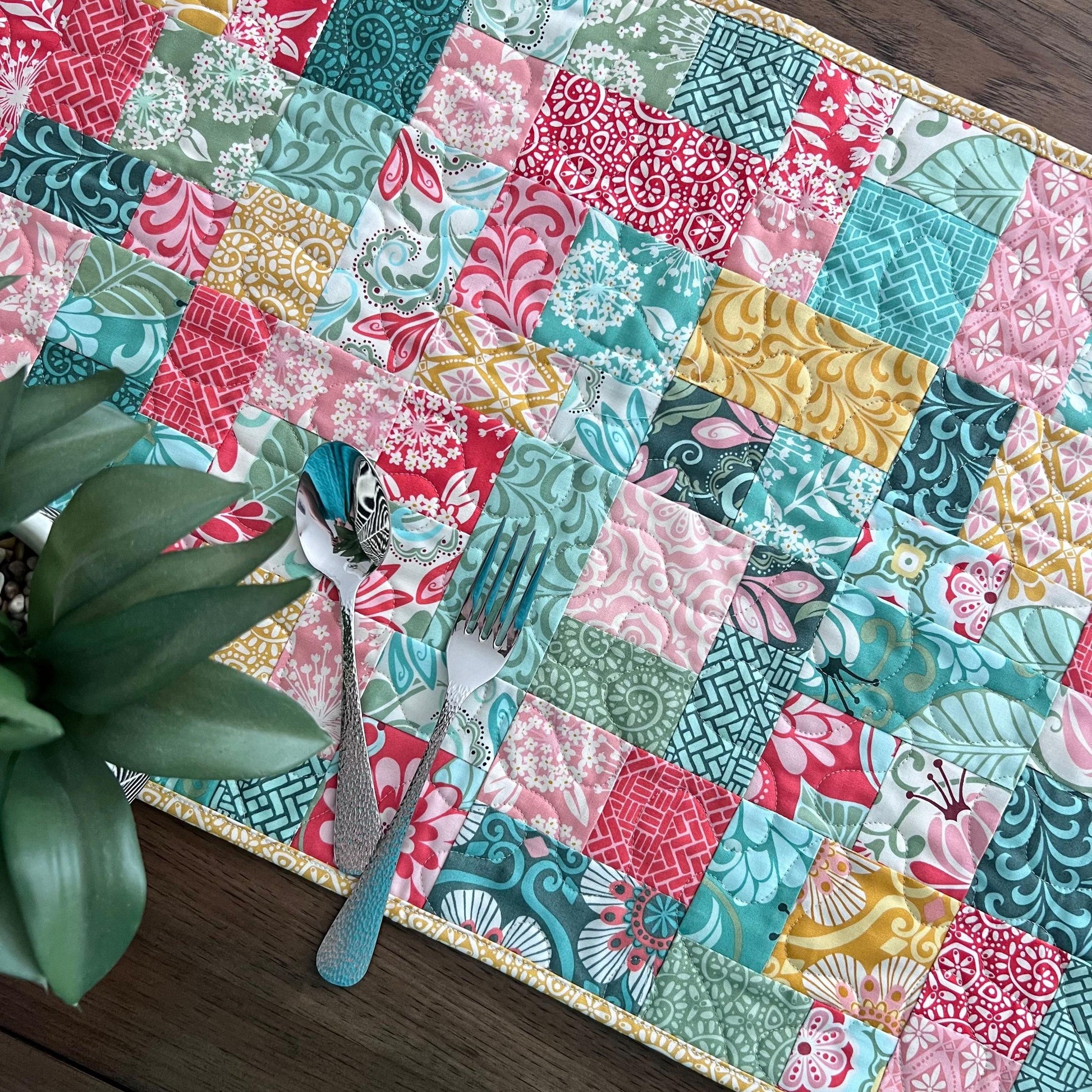 Pink Green Yellow Floral Quilted Table Runner, 16.5" x 40.5", Handmade Blue Pink Gold Green White Patchwork Table Runner Quilt