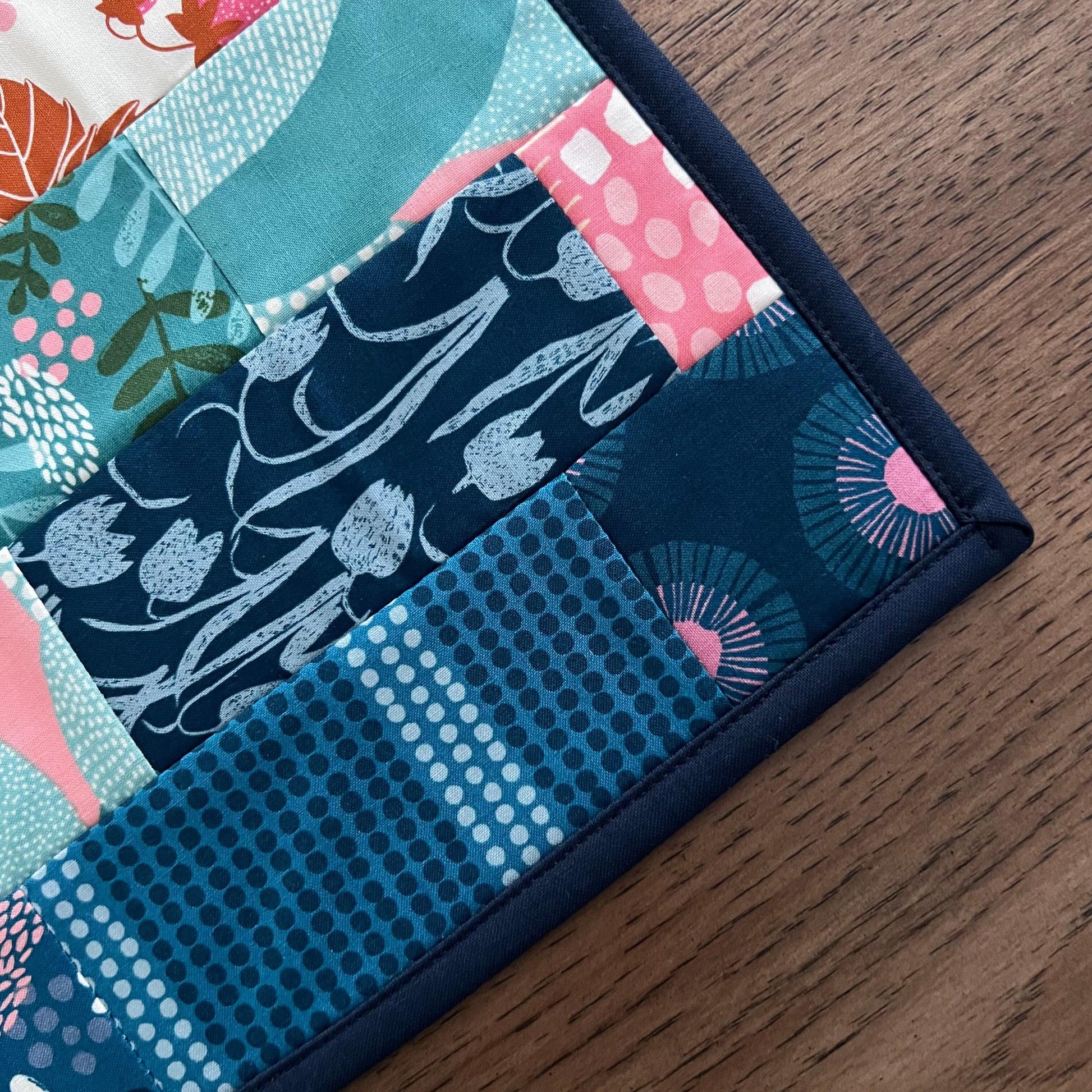 Navy Blue Pink Teal Floral Quilted Table Runner, 17" x 40", Handmade Blue Pink Green Teal Patchwork Table Runner Quilt